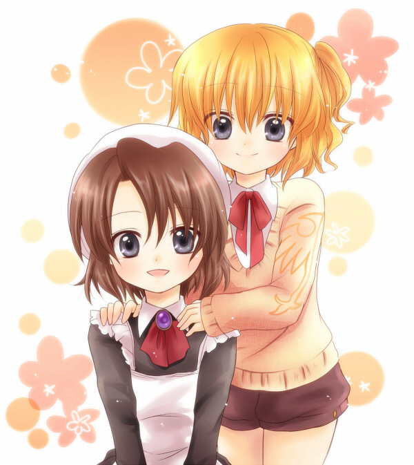 maekawa suu, shannon (umineko), ushiromiya jessica, umineko no naku koro ni, aged down, blonde hair, brown hair, grey eyes, maid, ponytail, school uniform