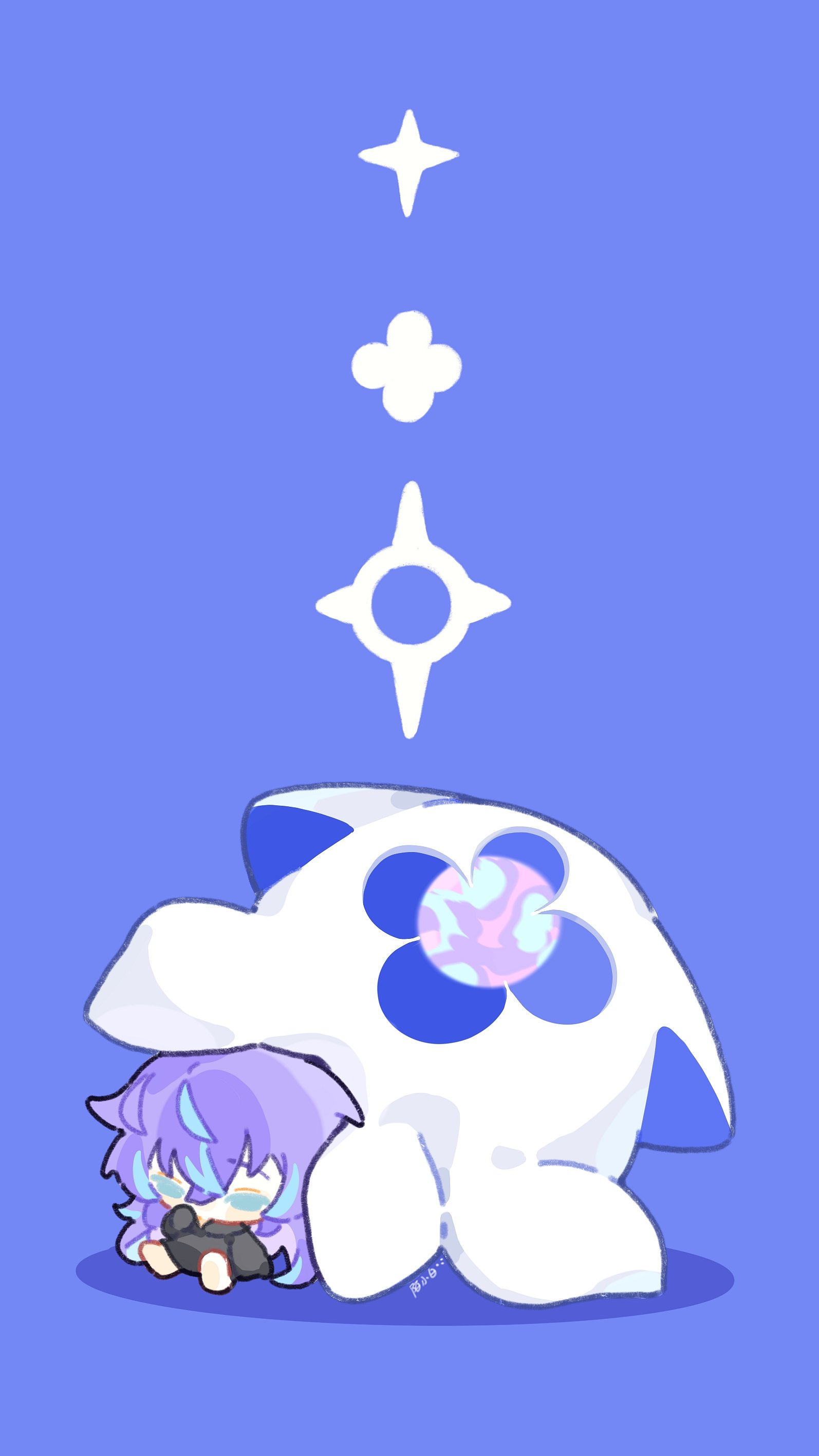 shuxingbuming moxiaobai, hoshirube sho, otomo (hoshirube sho), nijisanji, absurdres, commentary, highres, 1boy, artist name, black gloves, black shirt, blue hair, chibi, colored tips, ghost, gloves, green eyes, long hair, looking down, male focus, mini person, miniboy, multicolored hair, purple background, purple hair, shadow, shirt, simple background, virtual youtuber