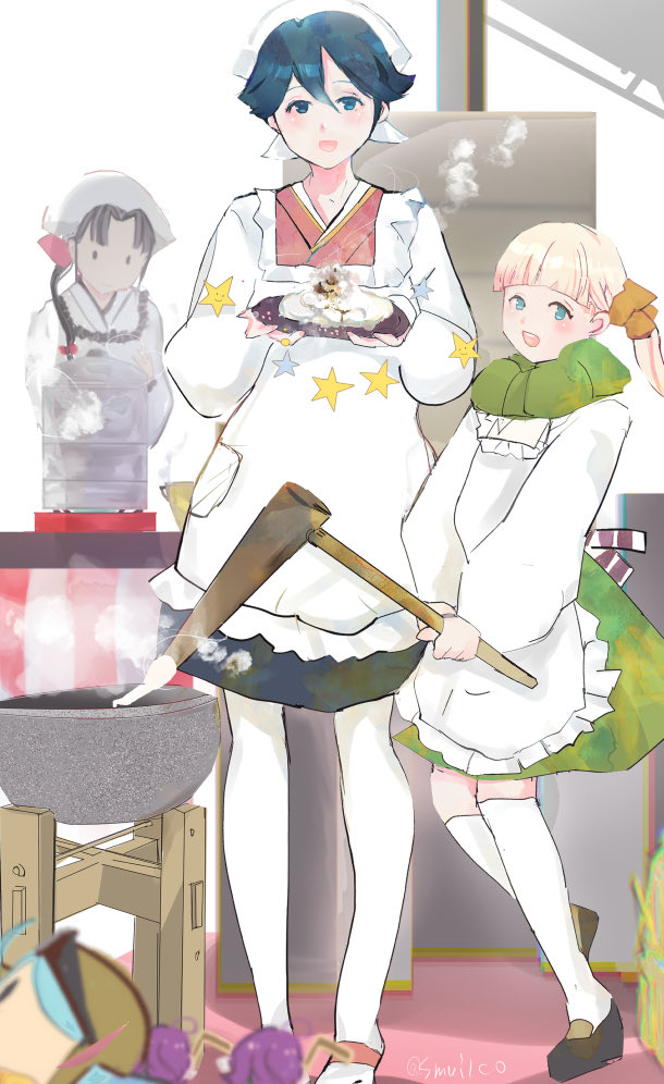 imaiko, houshou (kancolle), nankai (kancolle), nosaki (kancolle), shin'you (kancolle), kantai collection, commentary request, 3girls, apron, black shirt, blonde hair, blunt bangs, green skirt, kappougi, long hair, multiple girls, shirt, side ponytail, skirt, socks, white socks