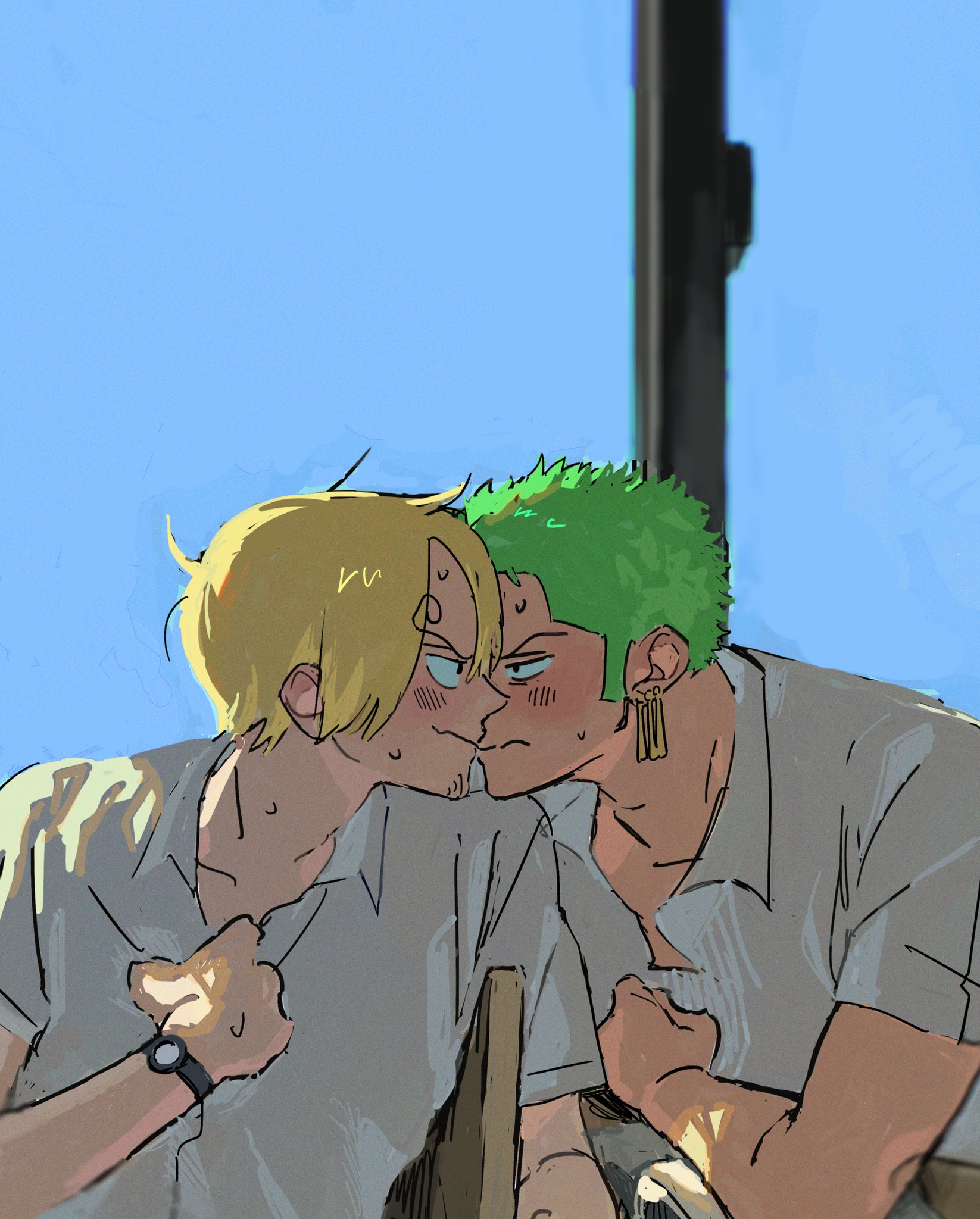 r3fekpz4io20927, roronoa zoro, sanji (one piece), one piece, commentary request, highres, 2boys, arm up, blonde hair, blue sky, blush, chair, collared shirt, curly eyebrows, earrings, eye contact, green hair, imminent kiss, jewelry, looking at another, male focus, multiple boys, piercing, shirt, short sleeves, sideburns, sitting, sky, sweat, watch, white shirt, wristwatch, yaoi