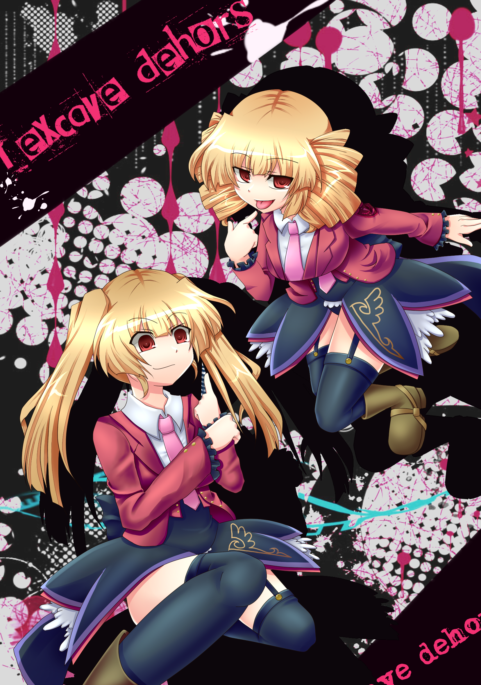 mei (jewel at time), asmodeus (umineko), beelzebub (umineko), stakes of purgatory, umineko no naku koro ni, bad id, bad pixiv id, highres, 2girls, blonde hair, drill hair, multiple girls, necktie, pink necktie, red eyes, skirt, thighhighs, twintails, vest