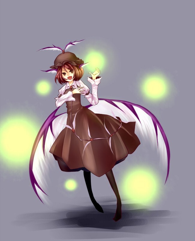 sanagi (naruhomidou), mystia lorelei, touhou, bad id, bad pixiv id, 1girl, animal ears, brown eyes, dress, female focus, hat, long sleeves, open mouth, red hair, short hair, simple background, solo, wings