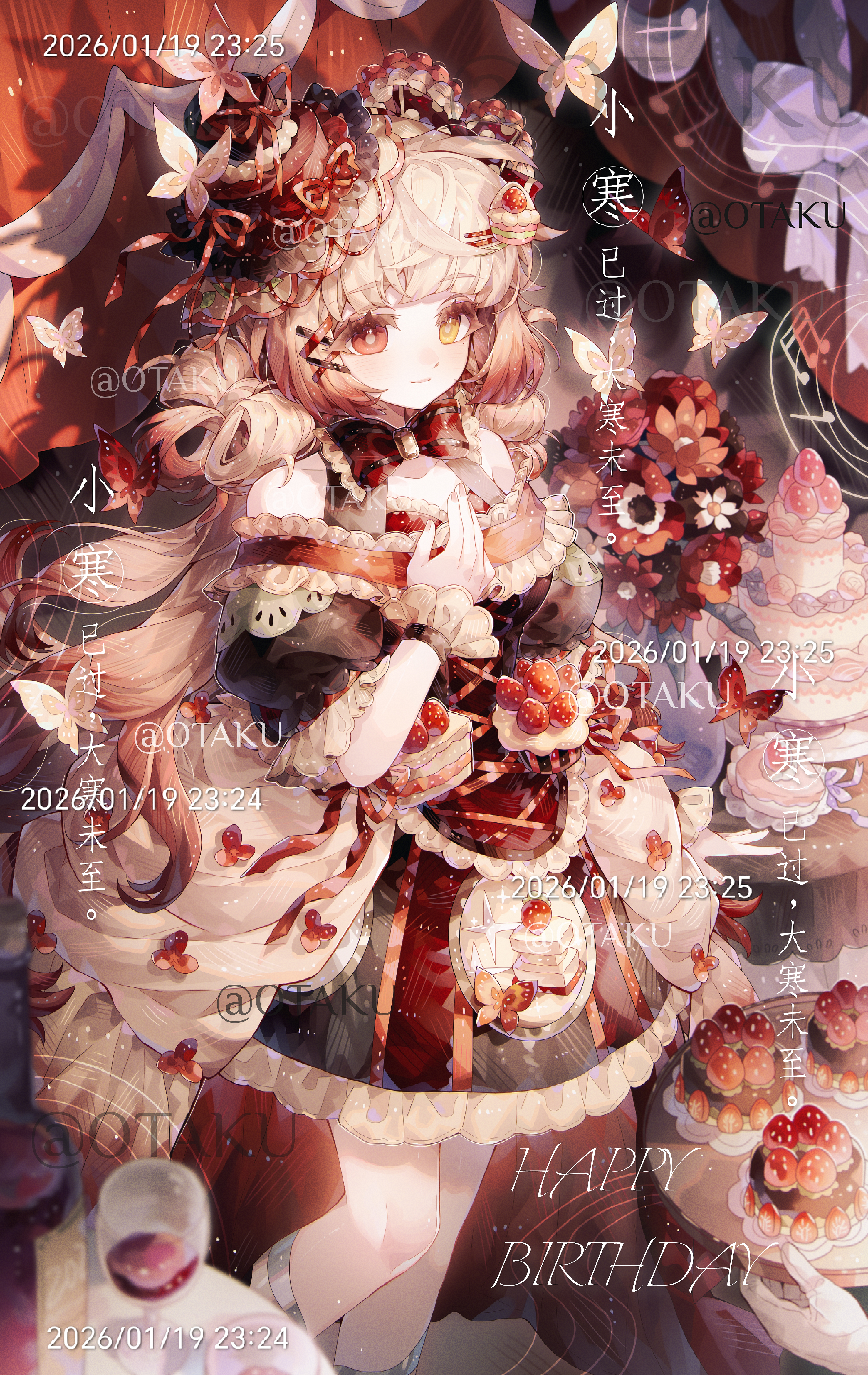 original, absurdres, commission, highres, mihuashi commission, 1girl, artist name, blunt bangs, bottle, bouquet, bow, brown bow, brown butterfly, brown flower, bug, butterfly, cake, cake hair ornament, closed mouth, collarbone, colored eyelashes, cowboy shot, cup, dated, dress, drinking glass, eyelashes, flower, food, food-themed hair ornament, fruit, glass, hair ornament, hairclip, heterochromia, insect, looking afar, mole, mole under eye, musical note, off-shoulder dress, off shoulder, puffy short sleeves, puffy sleeves, red butterfly, red eyes, red flower, red hair, short sleeves, sidelocks, smile, solo, strawberry, too many watermarks, watermark, white flower, wine bottle, wine glass, xingchunxiang, yellow eyes