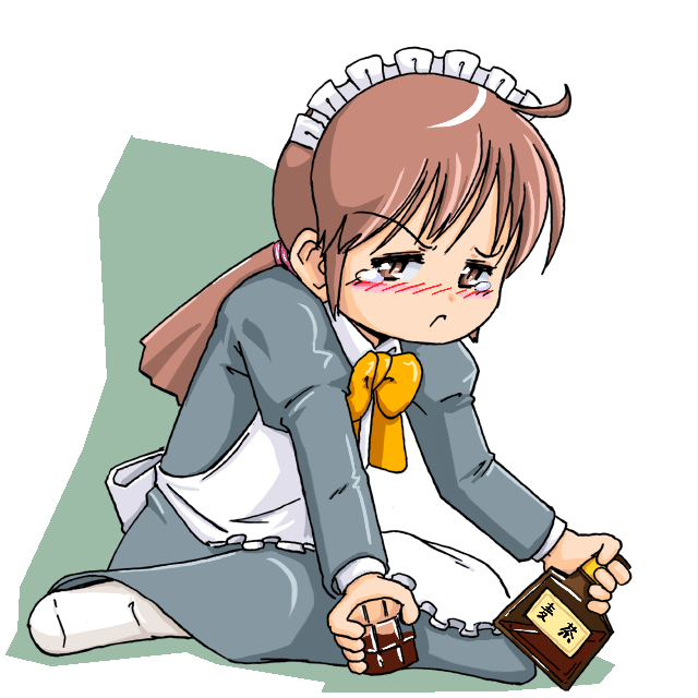 hidoi, futaba channel, nijiura maids, alchool, alcohol, angry, blush, brown eyes, brown hair, drunk, maid, solo, tears, twintails