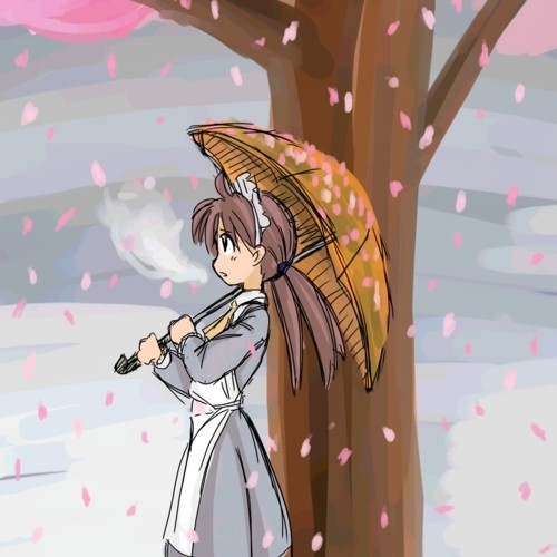 hidoi, futaba channel, nijiura maids, lowres, breath, brown hair, cherry blossoms, maid, solo, tree, twintails, umbrella