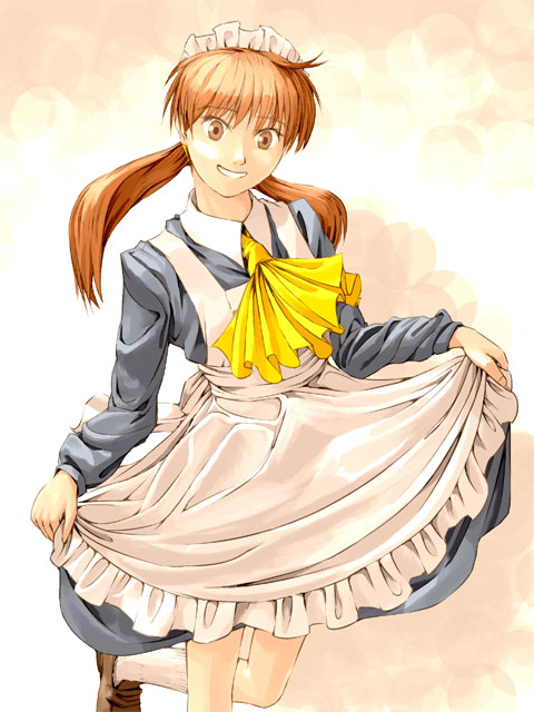 hidoi, futaba channel, nijiura maids, bowing, brown shoes, curtsey, maid, shoes, skirt hold, smile, solo, twintails