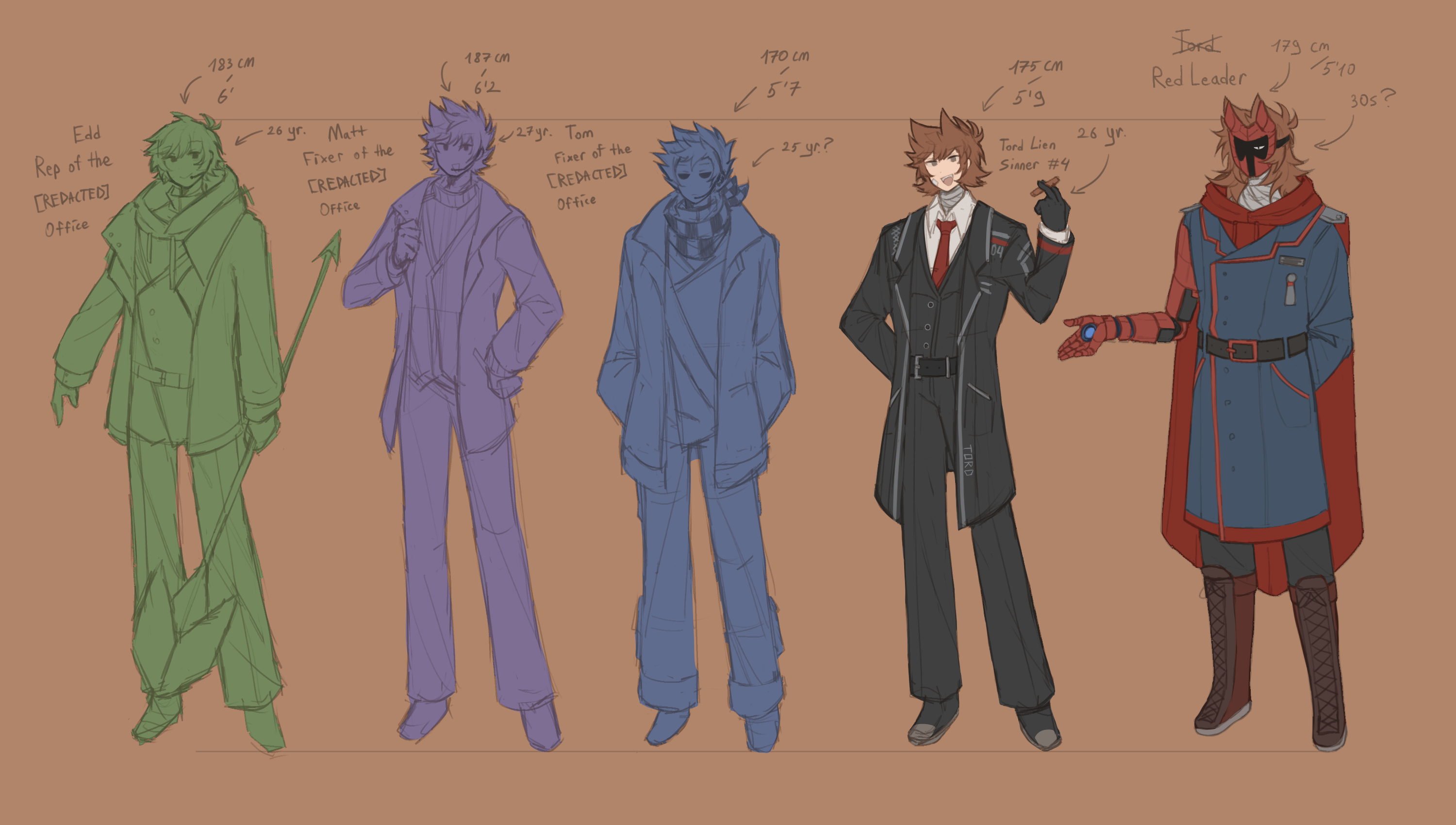 edd (eddsworld), matt (eddsworld), tom (eddsworld), eddsworld, limbus company, project moon, commentary, english commentary, highres, 5boys, :d, adapted costume, alternate costume, alternate headwear, alternate height, alternate universe, animification, antenna hair, arm behind back, bandage on cheek, bandaged neck, bandages, belt, black belt, black gloves, black jacket, black pants, black shoes, black suit, black vest, blue coat, boots, brown background, brown boots, brown hair, buttons, cape, character age, character name, checkered neckerchief, cigar, coat, collared shirt, drawstring, dual persona, english text, flipped hair, formal clothes, full body, gloves, hair ears, hands in pockets, headset, height chart, holding, holding cigar, holding weapon, hollow eyes, hood, hood down, hoodie, jacket, lineup, long sleeves, male focus, mechanical arms, medium hair, multiple boys, neckerchief, open clothes, open jacket, open mouth, pants, red cape, red hoodie, red leader (eddsworld), red mask, roboyomo, shirt, shoes, short hair, simple background, single mechanical arm, smile, spiked hair, standing, suit, sweater, tord (eddsworld), turtleneck, turtleneck sweater, vest, weapon, white shirt