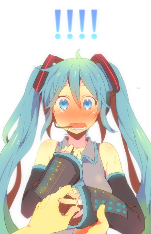 kl (dgzonbi), hatsune miku, google, vocaloid, !, !!, 1girl, aqua eyes, aqua hair, blush, detached sleeves, headphones, headset, jewelry, long hair, looking at viewer, marriage proposal, necktie, pov, putting on jewelry, ring, simple background, solo focus, surprised, tears, twintails