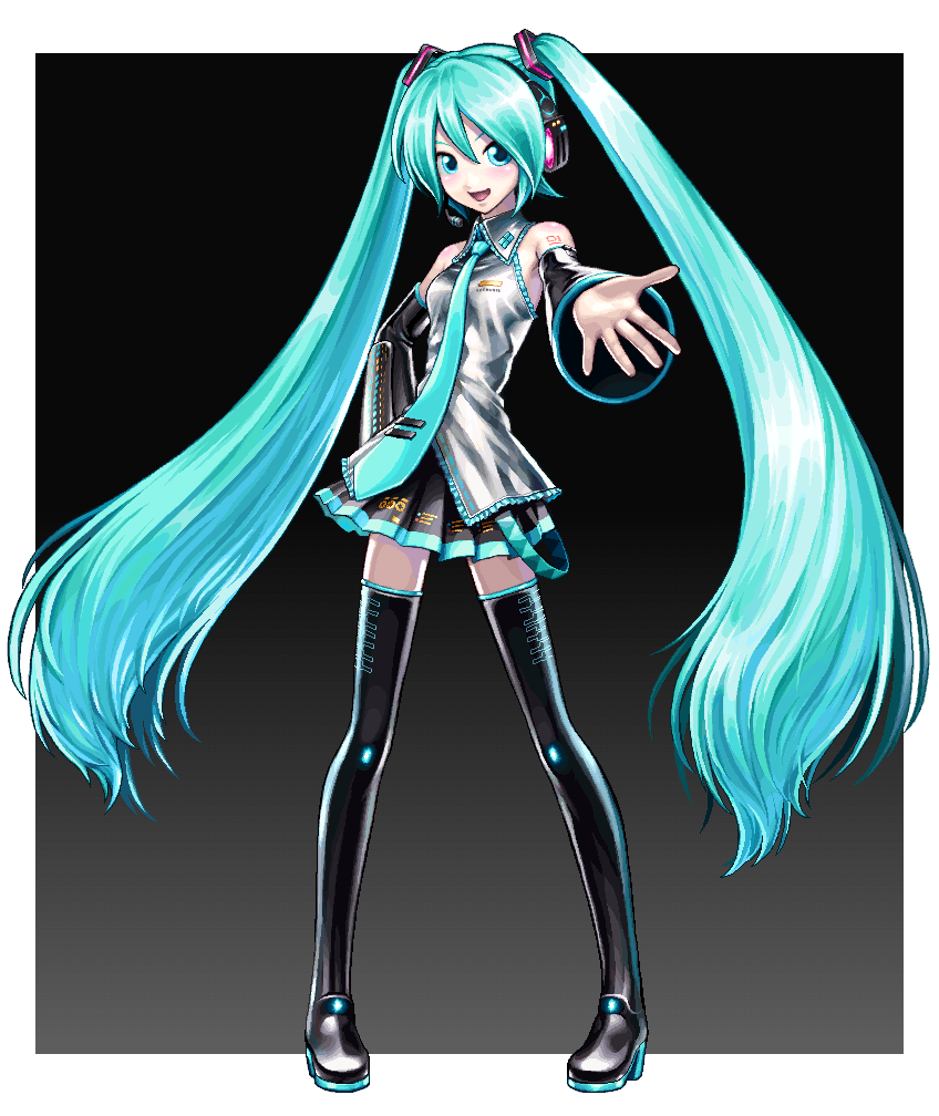 mabius, hatsune miku, vocaloid, 1girl, aqua eyes, aqua hair, detached sleeves, female focus, full body, gradient background, headphones, headset, legs, long hair, necktie, pixel art, skirt, smile, solo, thighhighs, twintails, very long hair, zettai ryouiki