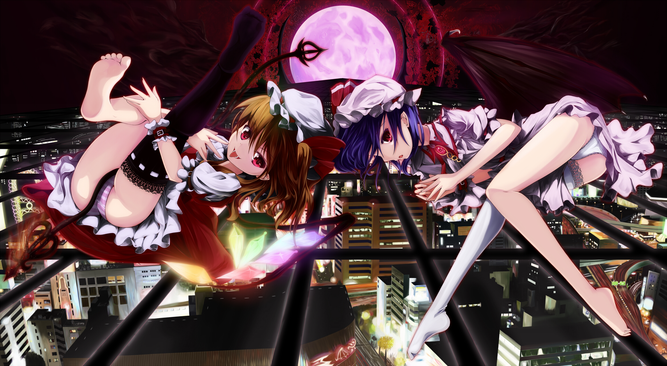 ilis, flandre scarlet, remilia scarlet, touhou, light purple hair, highres, 2girls, barefoot, black thighhighs, blonde hair, cityscape, fangs, feet, female focus, full moon, hat, laevatein, moon, multiple girls, panties, pantyshot, red eyes, red moon, siblings, side ponytail, single thighhigh, sisters, striped clothes, striped panties, thighhighs, tongue, tongue out, underwear, white panties, white thighhighs, wings, wrist cuffs