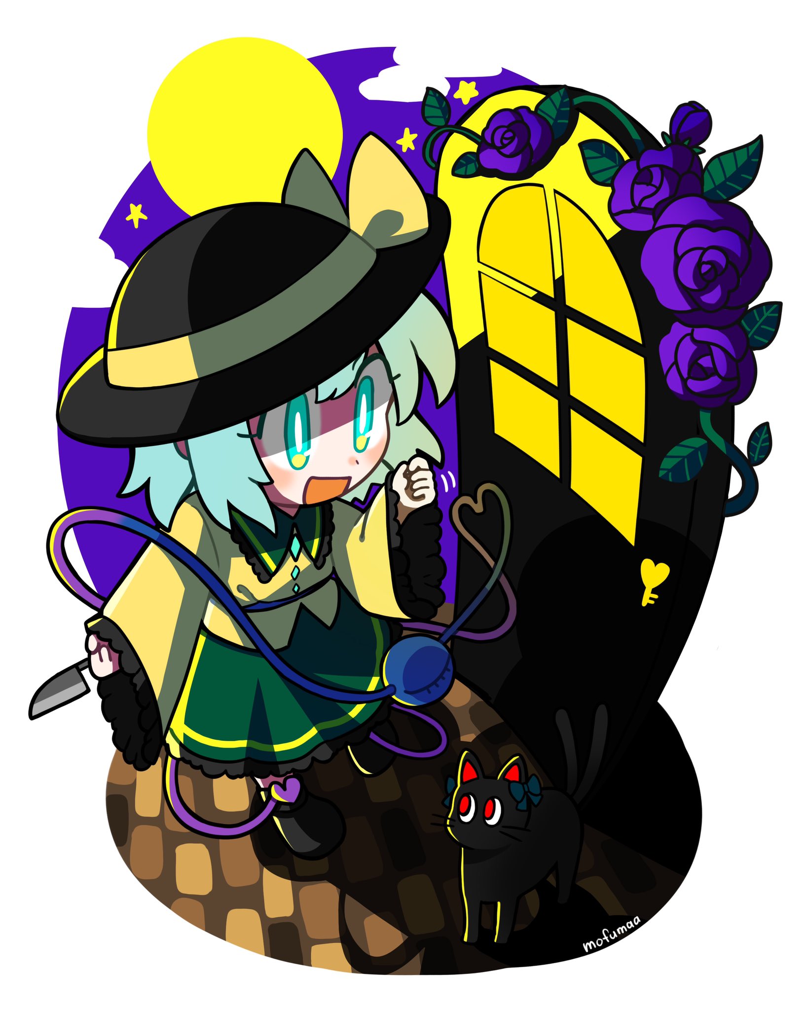 maa (forsythia1729), kaenbyou rin, kaenbyou rin (cat), komeiji koishi, touhou, bad id, bad twitter id, commentary request, highres, 1girl, animalization, black hat, blush, buttons, cat, diamond button, eyeball, flower, frilled shirt collar, frilled skirt, frilled sleeves, frills, green eyes, green hair, green skirt, hat, hat ribbon, heart, heart of string, holding, holding knife, knife, koishi day, long sleeves, multiple tails, open mouth, purple flower, purple rose, ribbon, rose, shirt, skirt, smile, tail, third eye, two tails, wide sleeves, yellow ribbon, yellow shirt