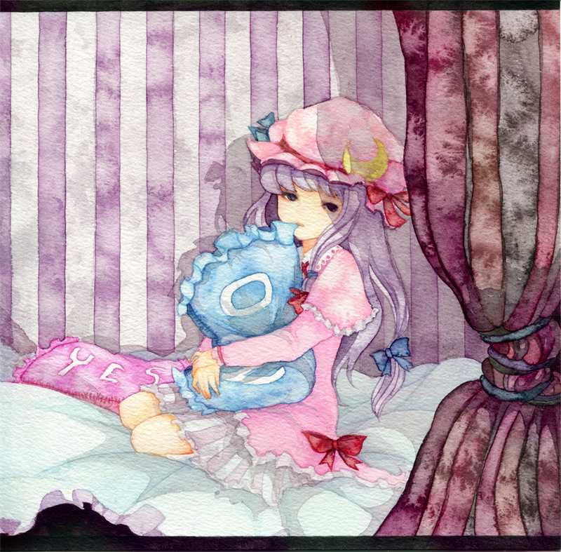 pinkxxxna, patchouli knowledge, touhou, bad id, bad pixiv id, painting (medium), traditional media, watercolor (medium), 1girl, bed, black eyes, crescent, crescent moon, dress, female focus, frills, hat, long hair, long sleeves, moon, mouth hold, no nose, pillow, pink theme, purple hair, ribbon, sitting, solo
