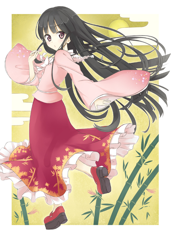 nidoro, houraisan kaguya, touhou, bad id, bad pixiv id, 1girl, black hair, candy, female focus, food, lollipop, long hair, purple eyes, shoes, skirt, solo