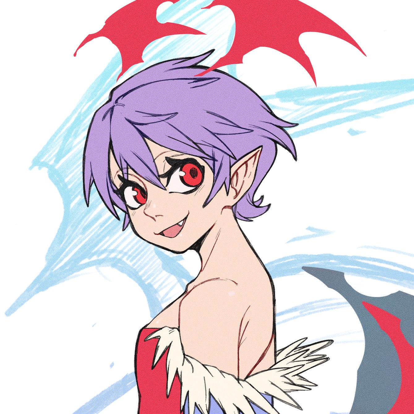 corviwing, lilith (darkstalkers), darkstalkers, commentary, english commentary, highres, paid reward available, 1girl, bare shoulders, fang, head wings, leotard, looking at viewer, open mouth, pointy ears, purple hair, red eyes, red leotard, short hair, solo, upper body, wings