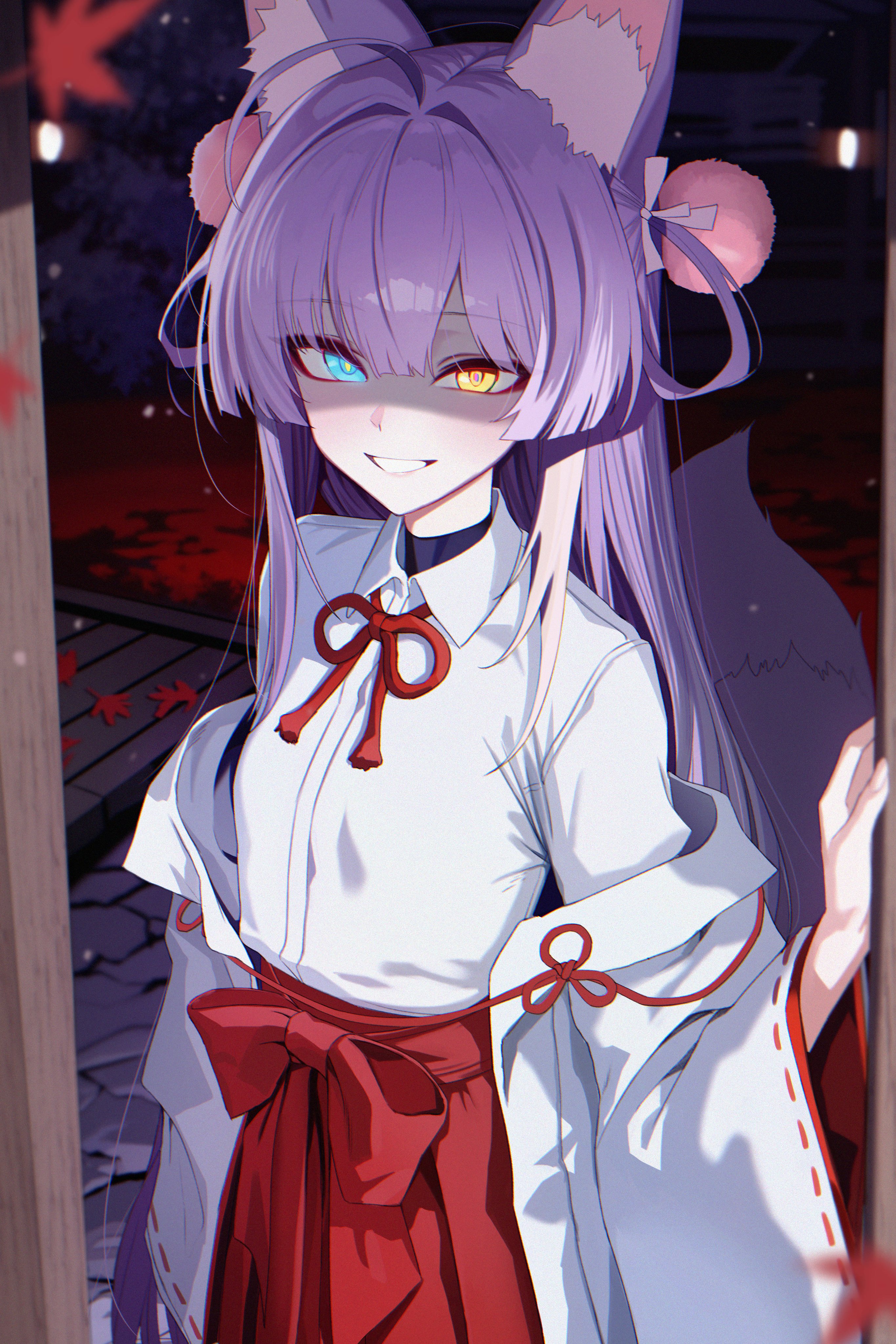 orn, tenko shibuki, stellive, absurdres, hashtag-only commentary, highres, 1girl, ahoge, animal ear fluff, animal ears, blue eyes, collared shirt, cowboy shot, doorway, fox ears, fox girl, fox tail, glowing, glowing eyes, grin, hair intakes, hair ornament, hair rings, hakama, hakama skirt, hand up, heterochromia, japanese clothes, kosode, long hair, multicolored hair, night, nontraditional miko, off shoulder, orange eyes, parted bangs, pom pom (clothes), pom pom hair ornament, purple hair, red skirt, shirt, skirt, smile, solo, standing, straight hair, streaked hair, tail, virtual youtuber, white shirt, wing collar