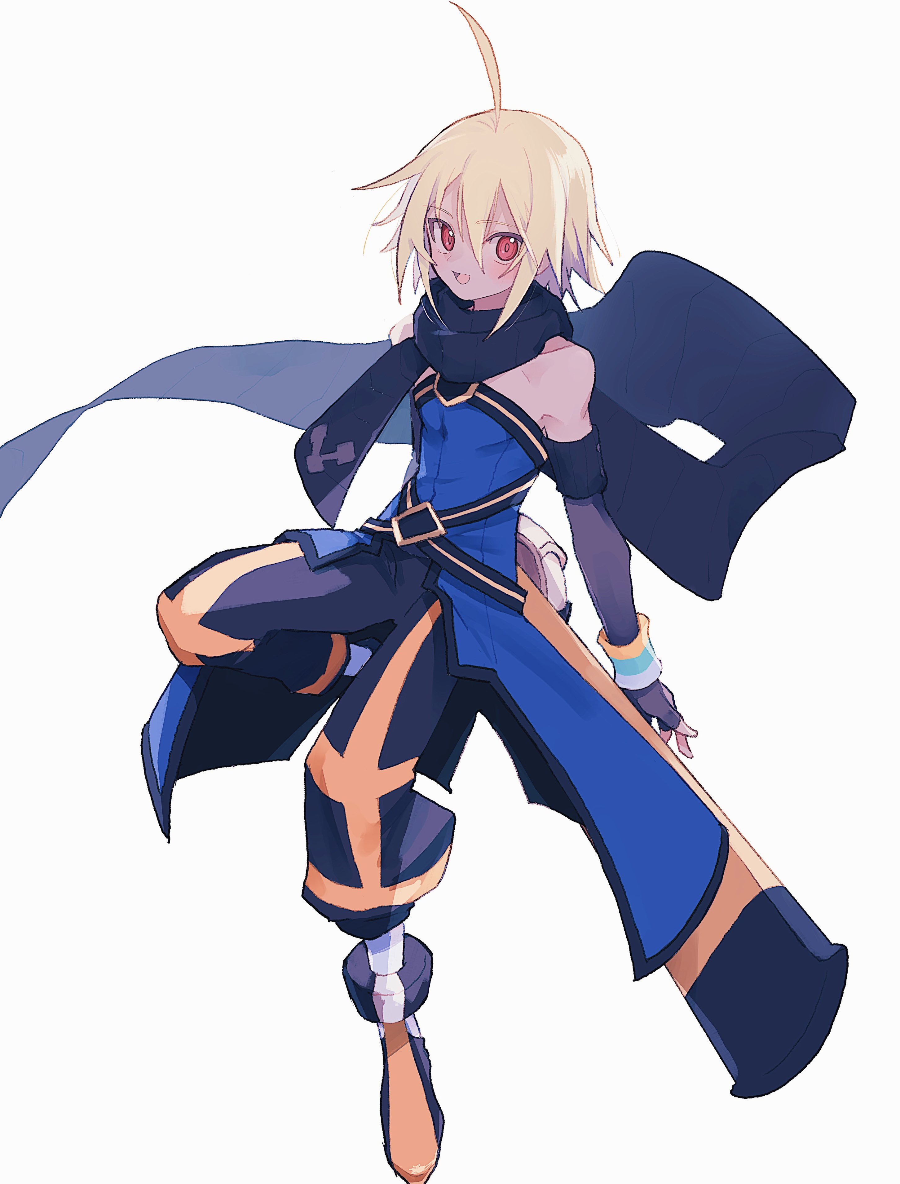 nancykittyu, emil castagnier, tales of (series), tales of symphonia, tales of symphonia: dawn of the new world, absurdres, commentary request, highres, 1boy, ahoge, bare shoulders, black gloves, black scarf, blonde hair, blue shirt, blush, boots, elbow gloves, fingerless gloves, gloves, hair between eyes, male focus, pants, scarf, shirt, simple background, smile, solo, standing, standing on one leg, sword, sword on back, weapon, weapon on back, white background, wristband