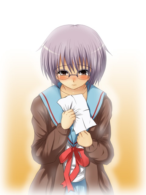 shundou ryuuto, nagato yuki, suzumiya haruhi no shoushitsu, suzumiya haruhi no yuuutsu, 10s, brown eyes, cardigan, glasses, grey hair, paper, school uniform, serafuku, short hair, solo, tears