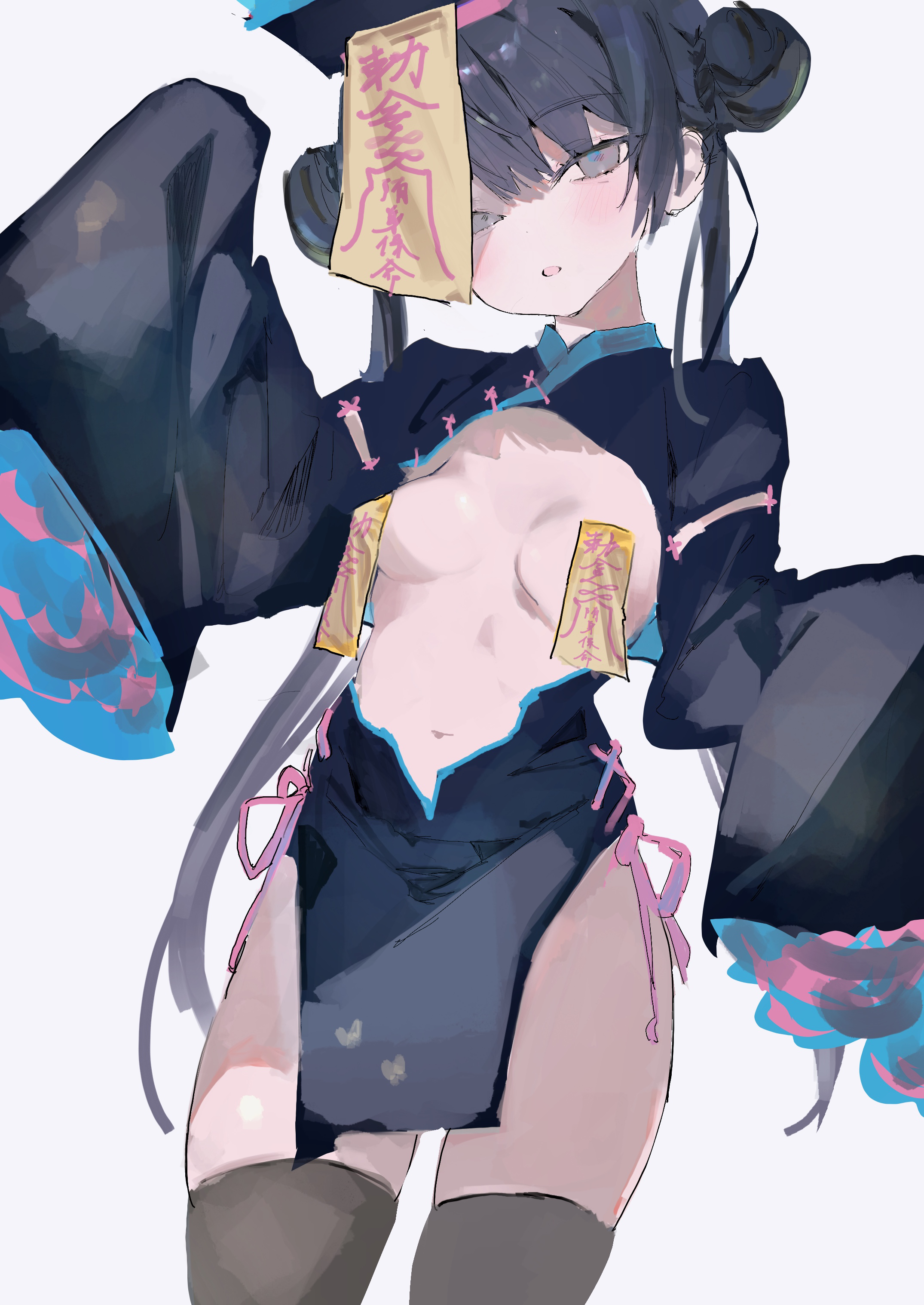 binetsu 3 bina, kisaki (blue archive), blue archive, highres, 1girl, alternate costume, black hair, black thighhighs, blush, breasts, double bun, grey eyes, hair bun, hat, jiangshi costume, long hair, looking at viewer, ofuda, ofuda on head, ofuda on nipples, parted lips, pasties, pelvic curtain, qingdai guanmao, simple background, sleeves past fingers, sleeves past wrists, small breasts, thighhighs, twintails, white background