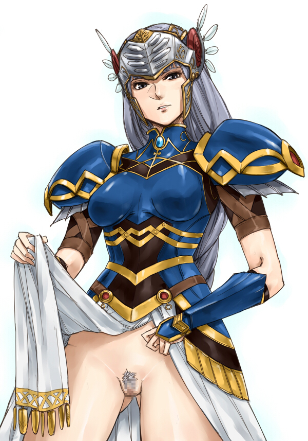 gus (clarkii), lenneth valkyrie, valkyrie profile (series), valkyrie profile 1, bad id, bad pixiv id, 1girl, armor, armored dress, blue armor, censored, clothes lift, dress, female focus, female pubic hair, grey hair, helmet, long hair, pubic hair, pussy, shoulder pads, skirt, skirt lift, solo, white background