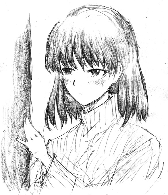 izumino, tsukamoto yakumo, school rumble, graphite (medium), traditional media, 00s, 1girl, blush, bob cut, female focus, greyscale, monochrome, short hair, simple background, sketch, solo, turtleneck, white background