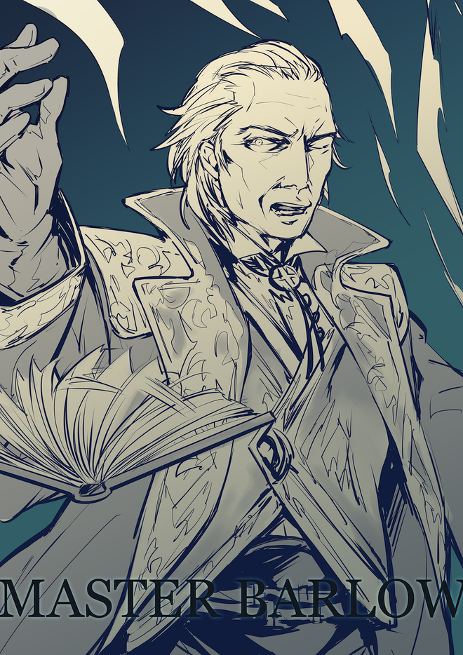 grel (r6hgvu5), barlowe, castlevania: order of ecclesia, castlevania (series), commentary request, 1boy, book, character name, coat, floating, floating book, floating object, gloves, greyscale with colored background, long sleeves, looking at viewer, male focus, open book, open clothes, open coat, open mouth, short hair, solo, upper body, vest