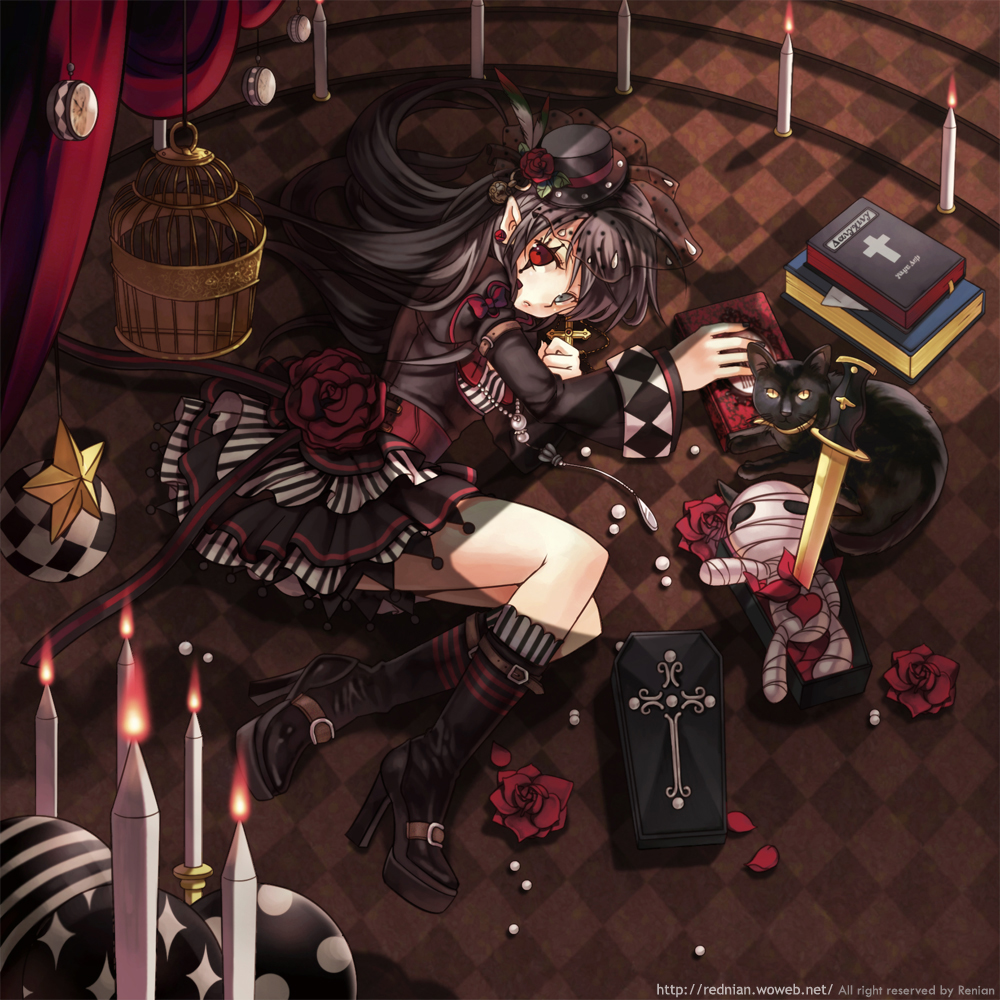 renian, bad id, bad pixiv id, 1girl, book, cat, female focus, flower, gothic lolita, hat, heterochromia, lolita fashion, mini hat, mini top hat, pointy ears, rose, solo, top hat