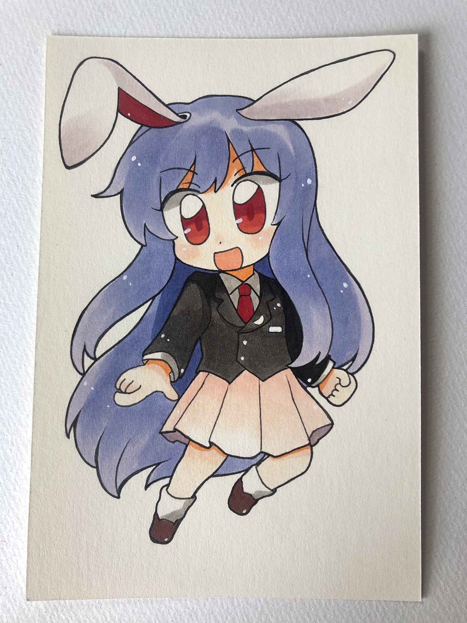 maa (forsythia1729), reisen udongein inaba, touhou, bad id, bad twitter id, commentary, highres, photo (medium), traditional media, 1girl, animal ears, black jacket, blazer, brown shoes, chibi, chibi only, full body, jacket, long hair, looking at viewer, necktie, open mouth, pink skirt, pleated skirt, purple hair, rabbit ears, rabbit girl, red eyes, red necktie, shirt, shoes, skirt, smile, socks, solo, very long hair, white shirt, white socks