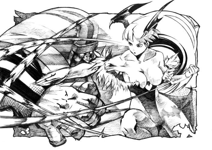 kushizukino ayame, anakaris, morrigan aensland, capcom, darkstalkers, print legwear, 1girl, animal print, bat print, bat wings, battle, breasts, clothing cutout, cutout above navel, greyscale, head wings, large breasts, long hair, monochrome, pantyhose, skin tight, wings