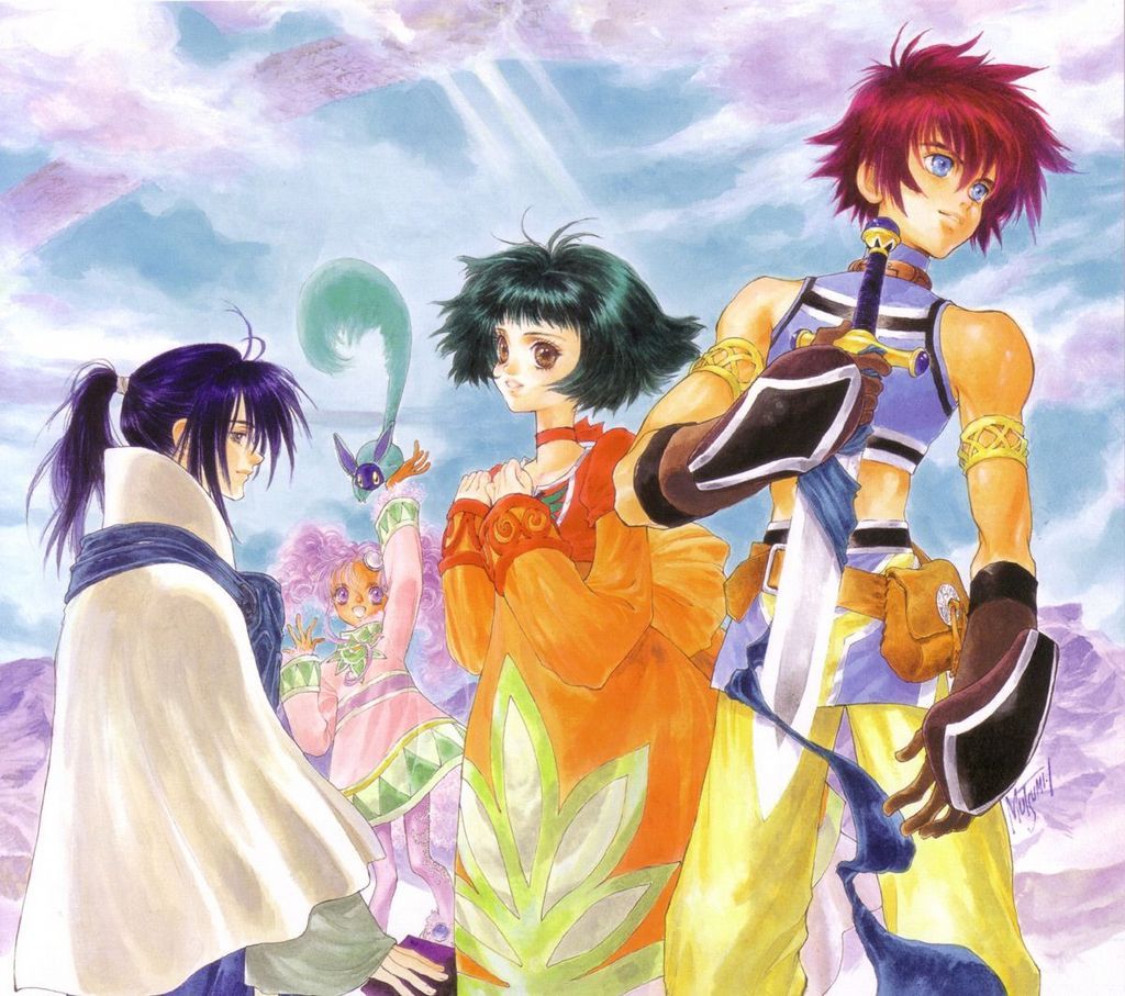 inomata mutsumi, farah oersted, keele zeibel, meredy (tales), quickie (tales), reid hershel, tales of (series), tales of eternia, official art, 00s, 2boys, 2girls, arm up, armor, blue eyes, blue hair, book, bridge, choker, cloud, creature, day, dress, gloves, green hair, long sleeves, mountain, multiple boys, multiple girls, orange dress, pantyhose, pink hair, ponytail, profile, red eyes, ribbon choker, robe, short hair, signature, sky, smile, sword, tail, twintails, weapon