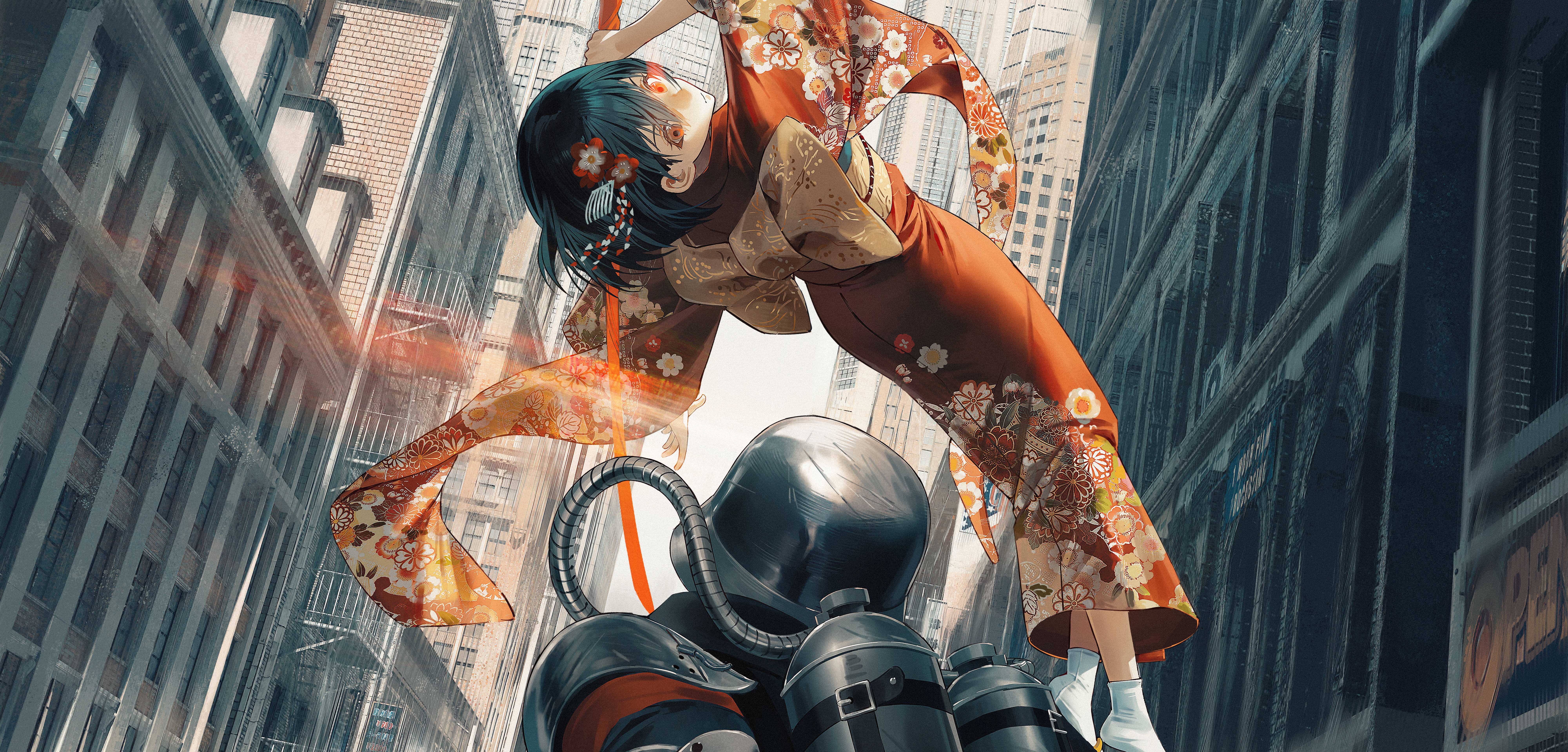 homutan (syjg2733), highres, 1boy, 1girl, armored, black hair, black suit, building, city, fighting, flower, hair flower, hair ornament, hairpin, japanese clothes, kimono, red eyes, scenery, short hair, socks, suit, sword, weapon