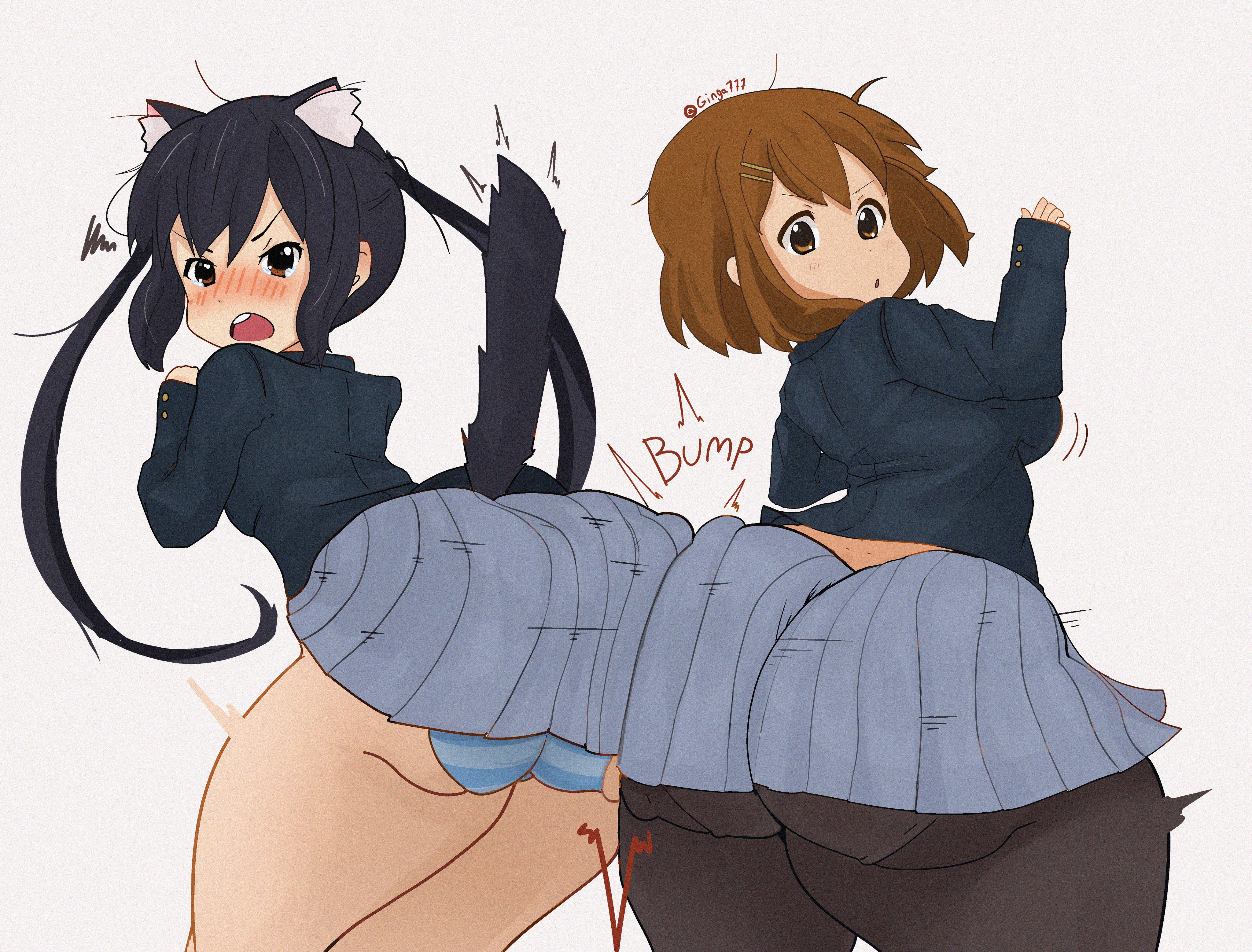 ginga777, hirasawa yui, nakano azusa, k-on!, ass, blush, huge ass, panties, pantyhose, pantyshot, skirt, thick thighs, thighs, underwear