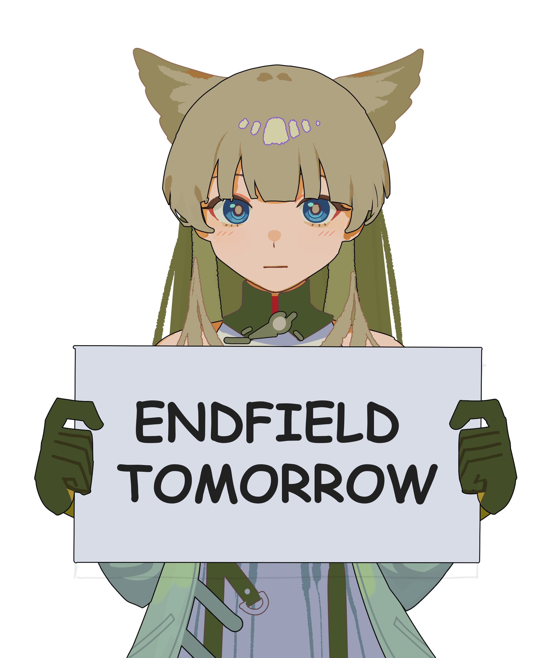 selvha, perlica (arknights), arknights, arknights: endfield, absurdres, hashtag-only commentary, highres, 1girl, animal ears, bird ears, bird girl, blue eyes, brown hair, closed mouth, comic sans, dress, gloves, green gloves, green jacket, holding, holding sign, jacket, long hair, looking at viewer, open clothes, open jacket, sign, simple background, solo, upper body, white background, white dress