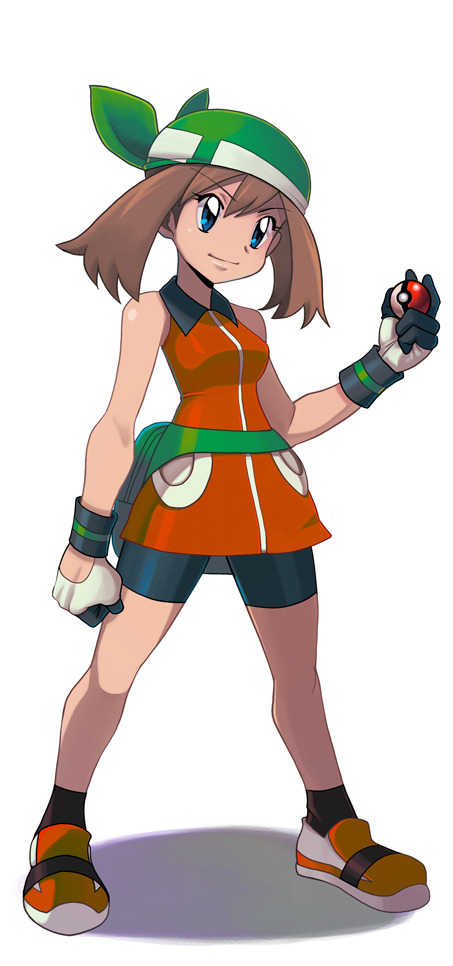 ryuntack, may (pokemon), may (pokemon emerald), nintendo, pokemon, pokemon rse, duplicate, 00s, 1girl, alternate costume, bandana, bare shoulders, bike shorts, blue eyes, brown hair, dress, female focus, gloves, hat, holding, holding poke ball, leggings, poke ball, poke ball (basic), simple background, solo, white background, wristband