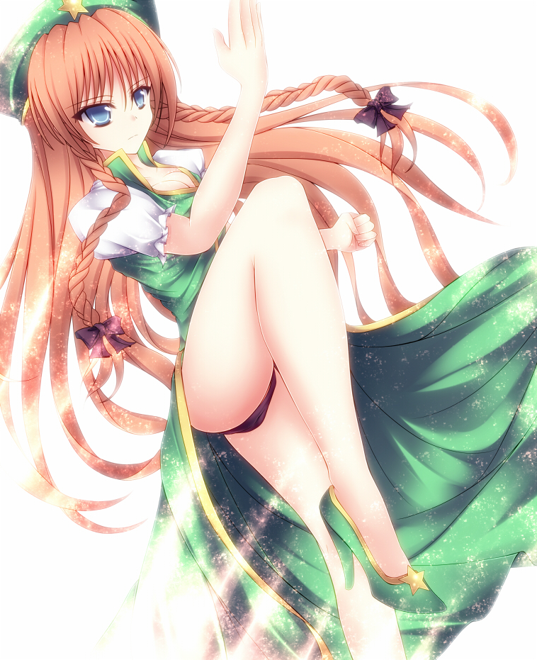 mikan (5555), hong meiling, embodiment of scarlet devil, touhou, bad id, bad pixiv id, 1girl, black panties, blue eyes, bow, braid, china dress, chinese clothes, dress, female focus, fighting stance, hair bow, hat, high heels, legs, long hair, orange hair, panties, pantyshot, red hair, shoes, solo, twin braids, underwear