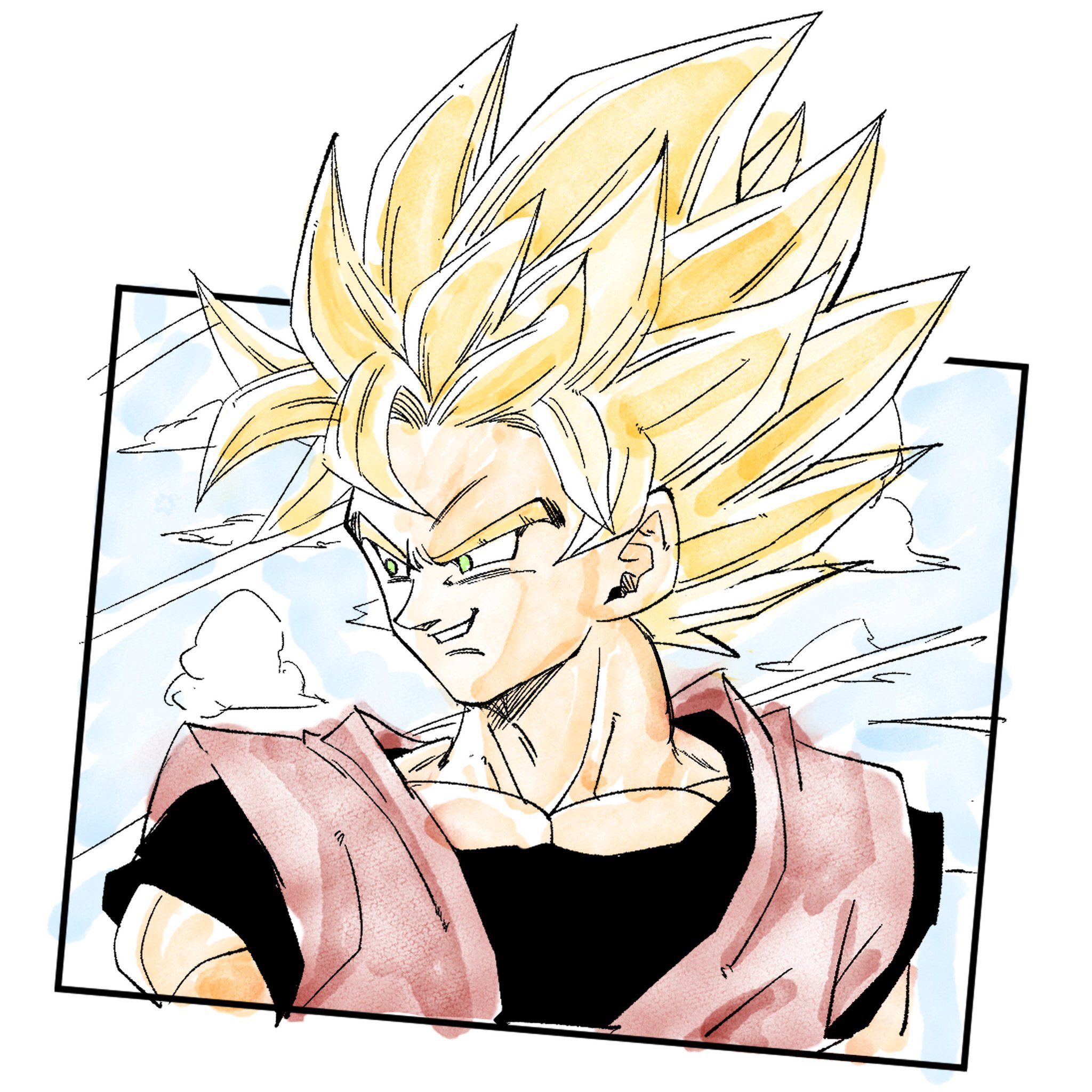 son goku, dragon ball, dragonball z, hashtag-only commentary, highres, 1boy, 1rasutotoukou, black shirt, blonde hair, dougi, green eyes, male focus, medium hair, muscular, muscular male, orange shirt, shirt, smirk, solo, spiked hair, super saiyan, super saiyan 1
