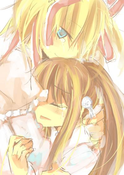 mikimura, kamikita komari, natsume rin, little busters!, bad id, bad pixiv id, blonde hair, blue eyes, brown eyes, hug, long hair, ponytail, short hair