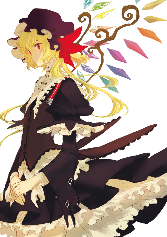 sugi, flandre scarlet, touhou, 1girl, alternate costume, black hat, blonde hair, female focus, from side, hat, mob cap, red eyes, ribbon, solo, v arms, white background, wings