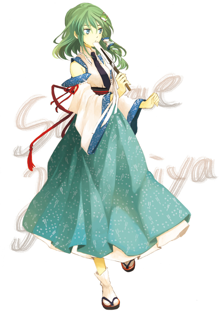 sugi, kochiya sanae, touhou, 1girl, adapted costume, alternate costume, blue eyes, female focus, green hair, short hair, solo