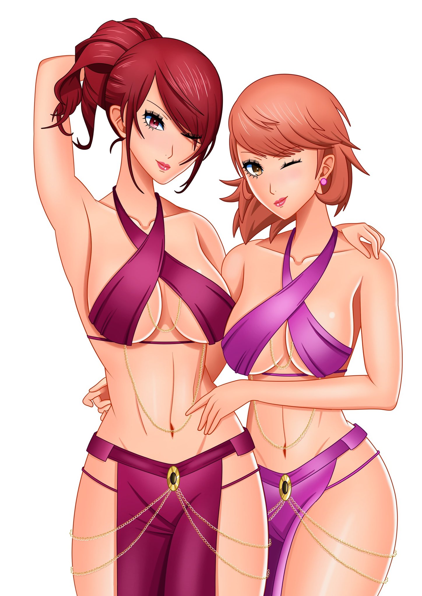 ryan (rrl0215), kirijou mitsuru, takeba yukari, persona, persona 3, 2girls, armpits, bare shoulders, breasts, brown eyes, brown hair, clothing cutout, dancer, detached sleeves, earrings, jewelry, large breasts, lips, long hair, looking at viewer, multiple girls, one eye closed, one eye covered, pelvic curtain, ponytail, red eyes, red hair, short hair, sideboob, sleeveless, thighhighs, underboob, waist grab, wink, yuri