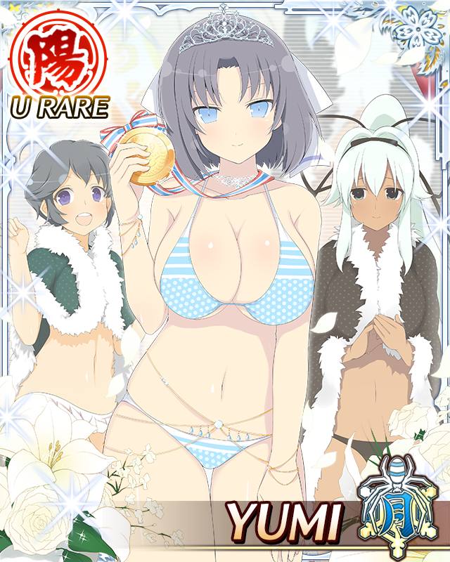 chiyo (senran kagura), yumi (senran kagura), yuyaki (senran kagura), senran kagura, senran kagura new wave, game cg, official art, third-party source, 3girls, :o, arms up, bikini, black bikini, black cape, black hair, black ribbon, blue bikini, blue eyes, border, bow, breasts, cape, card (medium), character name, choker, clapping, cleavage, closed mouth, fur-trimmed cape, fur trim, gold medal, green cape, grey hair, hair bow, hair ribbon, hand on own thigh, high ponytail, holding medal, large breasts, long hair, looking at viewer, medium hair, multiple girls, navel, open mouth, polka dot, polka dot bikini, ponytail, purple eyes, ribbon, short hair, silver tiara, skindentation, smile, solo focus, striped bow, swimsuit, very long hair, white bikini, white bow, white hair