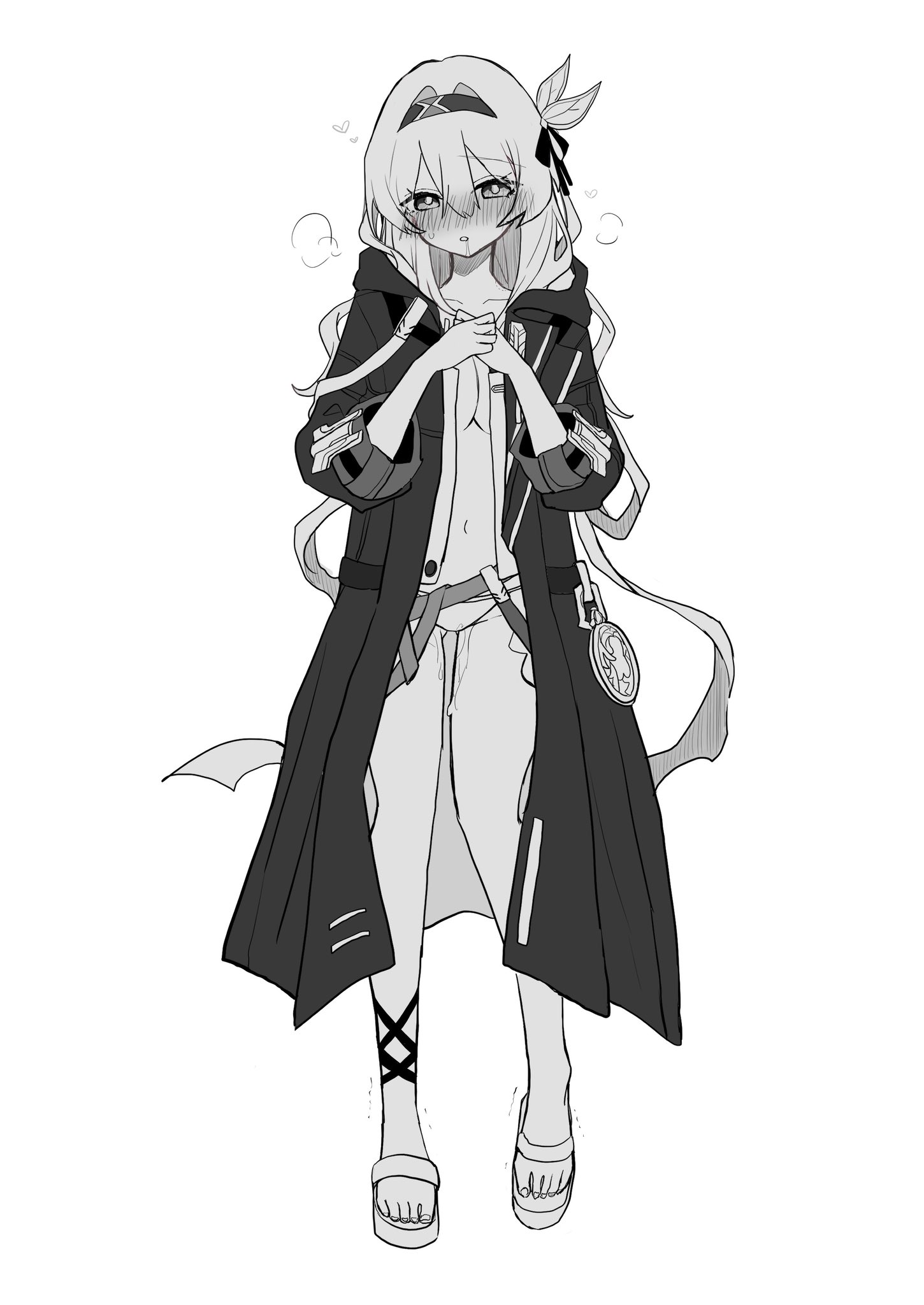 kinoko 7718, firefly (honkai: star rail), honkai: star rail, honkai (series), commentary request, highres, 1girl, belly, black coat, black hairband, black ribbon, blush, breasts, cleavage, coat, hair ornament, hair ribbon, hairband, heart, heavy breathing, large breasts, monochrome, navel, open clothes, open coat, open mouth, ribbon, sandals, simple background, solo, suggestive fluid, sweatdrop, wet, white background