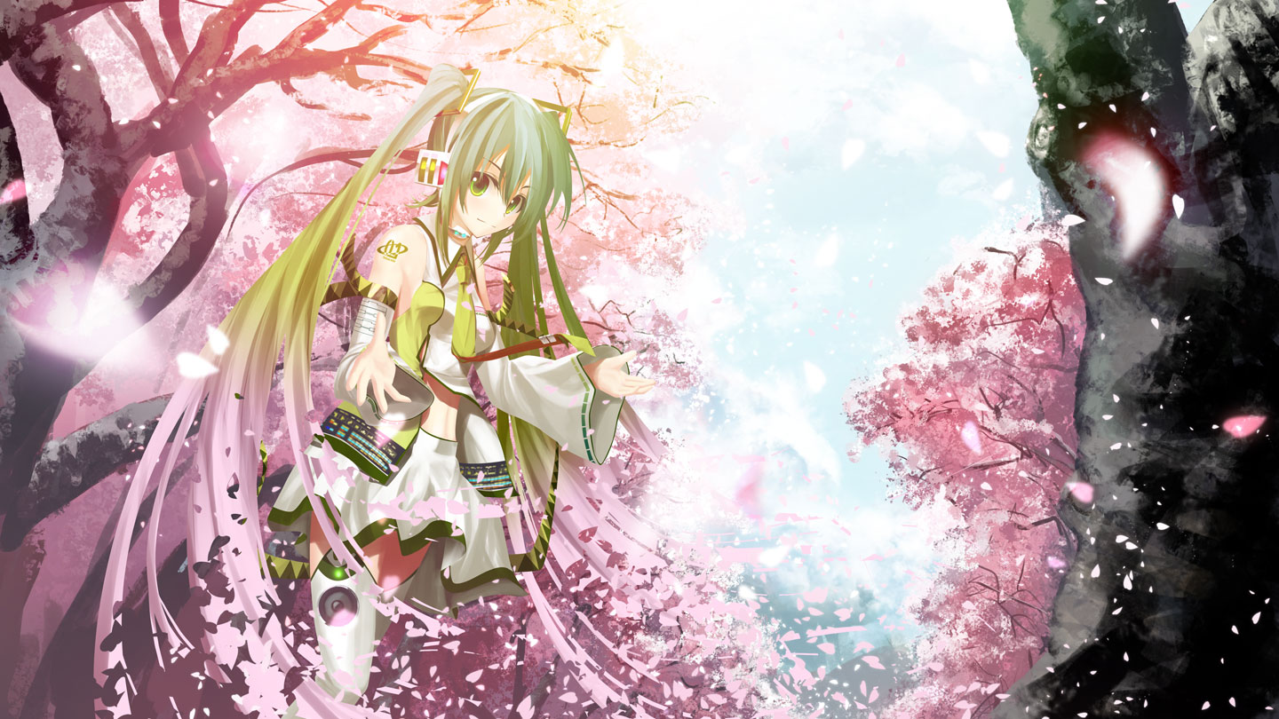 kouji (astral reverie), hatsune miku, vocaloid, adapted costume, cherry blossoms, detached sleeves, green eyes, green hair, headset, long hair, midriff, necktie, petals, skirt, solo, thighhighs, tree, twintails, very long hair