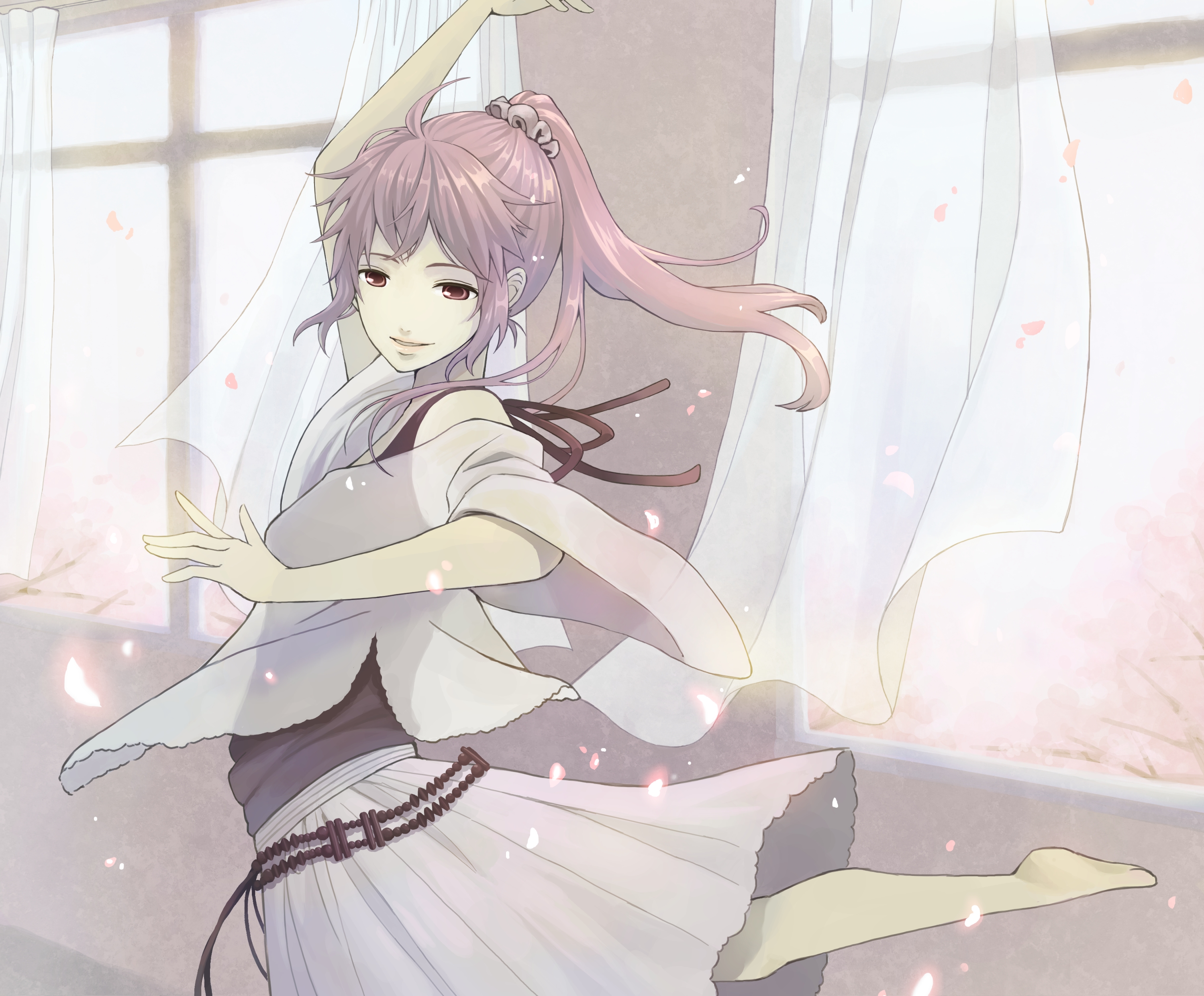 fujino iro, original, absurdres, bad id, bad pixiv id, highres, barefoot, belt, curtains, indoors, long hair, petals, pink eyes, pink hair, ponytail, scrunchie, skirt, solo, window