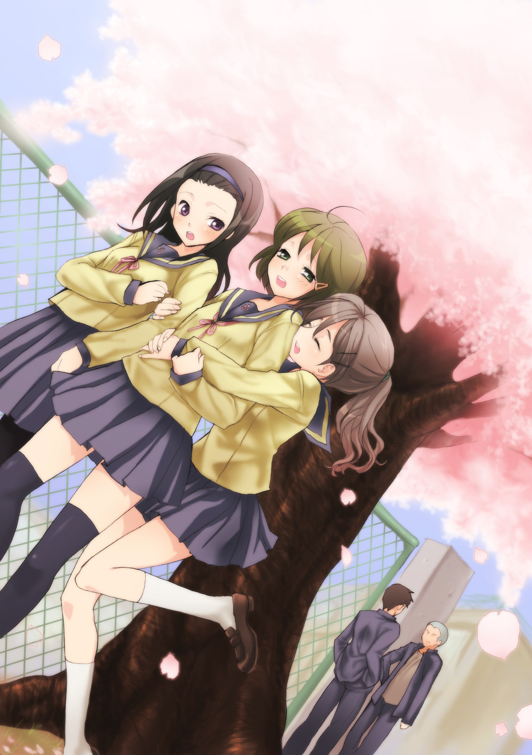 oumi sanaka, original, absurdres, bad id, bad pixiv id, highres, 2boys, 3girls, black hair, cherry blossoms, dutch angle, green eyes, green hair, hair ornament, hairband, hairclip, hug, kneehighs, legs, long hair, multiple boys, multiple girls, pantyhose, petals, ponytail, purple eyes, school uniform, skirt, socks, thighhighs, tree, zettai ryouiki