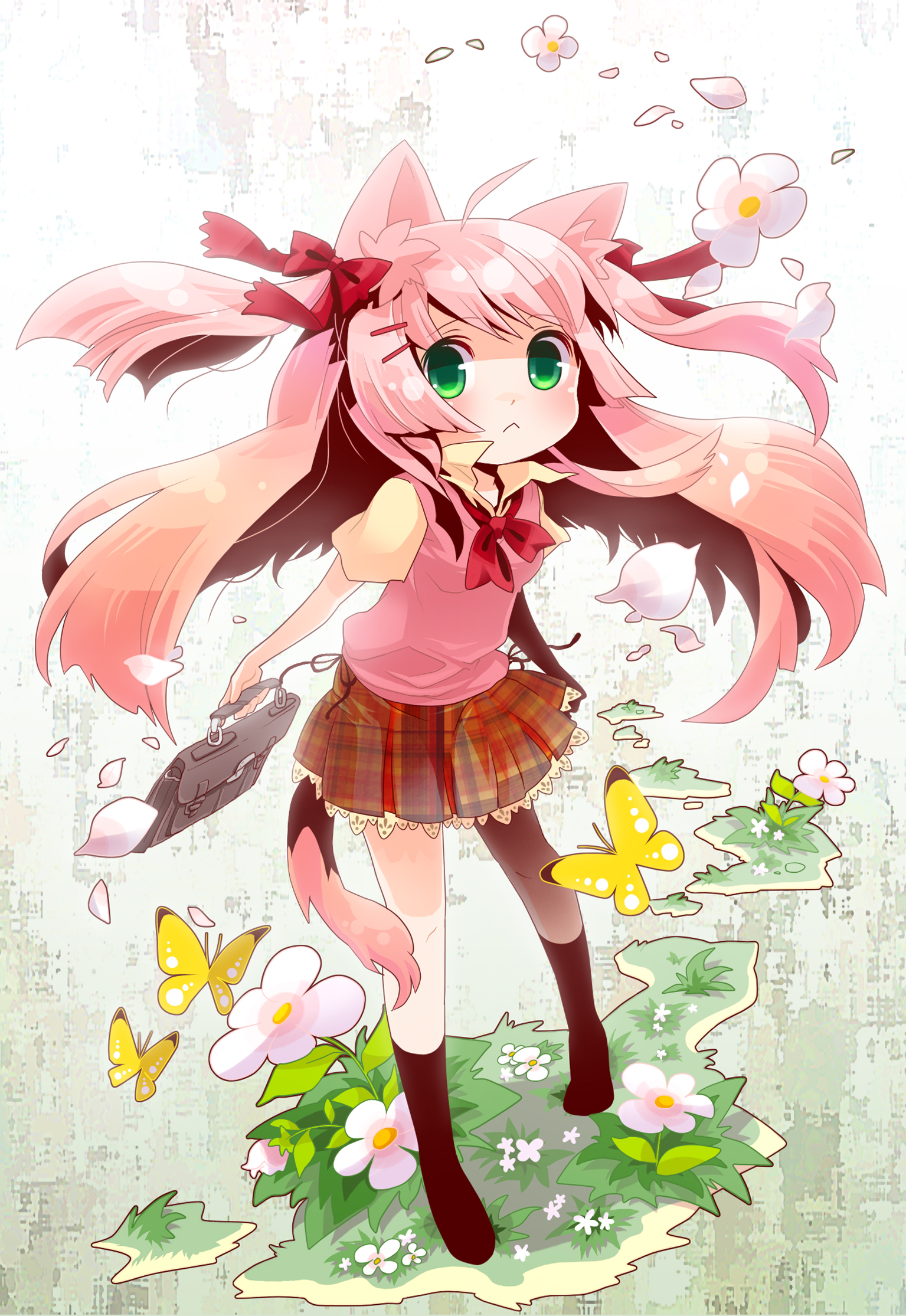 moonyan, original, highres, :<, animal ears, briefcase, bug, butterfly, cat ears, cat tail, flower, green eyes, hime cut, insect, long hair, petals, pink hair, pleated skirt, school uniform, skirt, socks, solo, sweater vest, tail