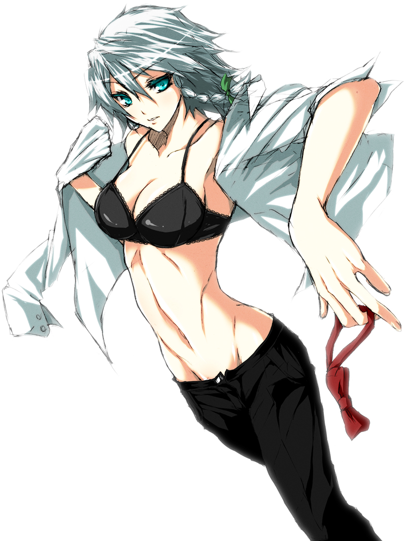iwamoto eiri, izayoi sakuya, touhou, bad id, bad pixiv id, 1girl, black bra, blue eyes, bra, braid, breasts, cleavage, female focus, groin, large breasts, lingerie, open clothes, open shirt, shirt, short hair, sleeves pushed up, solo, underwear, white hair