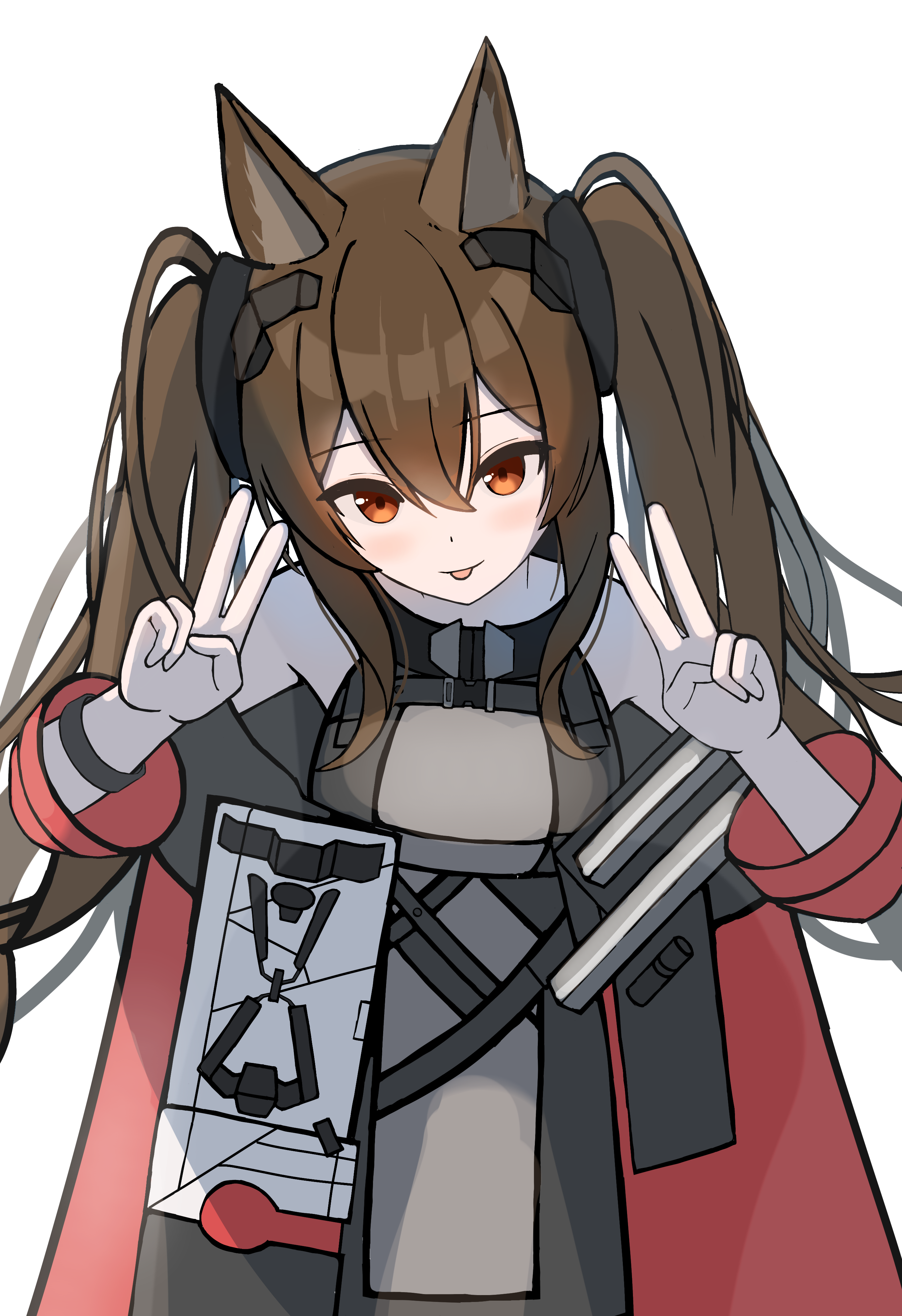 angelina (arknights), gilberta (arknights), arknights, arknights: endfield, absurdres, commentary request, highres, 1girl, :p, animal ears, belt, bracelet, breasts, brown hair, coat, double-parted bangs, double v, dress, fox ears, fox girl, grey dress, hair between eyes, headpiece, high belt, high collar, impossible clothes, impossible dress, jewelry, leaning forward, light blush, long hair, long sidelocks, long sleeves, looking at viewer, medium breasts, open clothes, open coat, orange hair, red coat, sidelocks, simple background, sleeveless, sleeveless dress, solo, tongue, tongue out, twintails, upper body, user ruck4843, v, white background