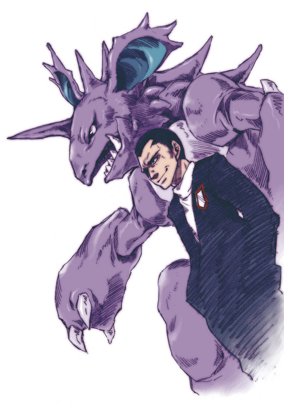 takanashi ringo, giovanni (pokemon), nidoking, nintendo, pokemon, 1boy, claws, fangs, formal clothes, gen 1 pokemon, gym leader, hands in pockets, male focus, pokemon (creature), simple background, suit, team rocket