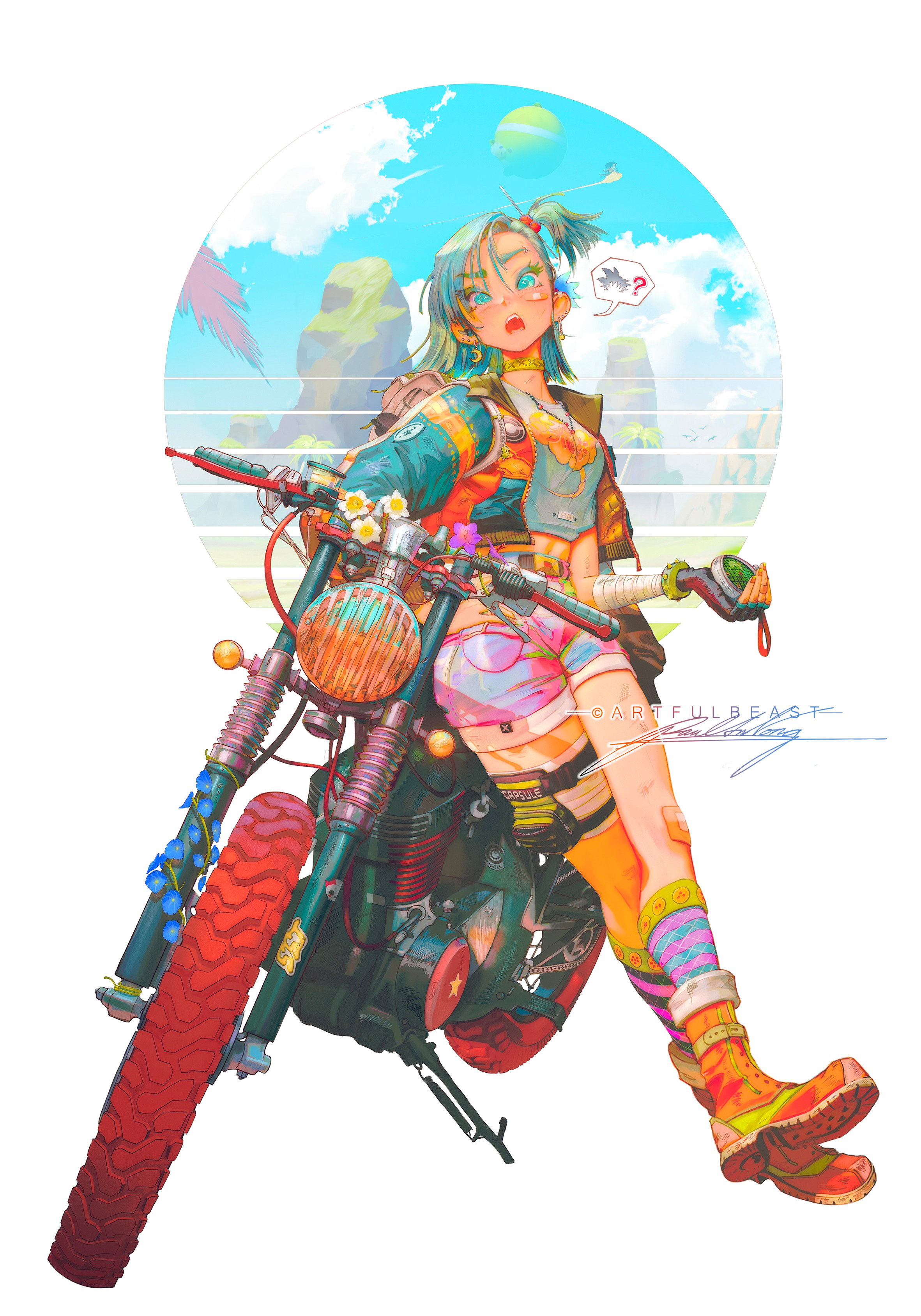 paul nong, bulma, dragon ball, dragon ball (classic), absurdres, commentary, english commentary, highres, 1girl, ?, aqua eyes, aqua hair, aqua jacket, artist name, bag, bandaged arm, bandages, bandaid, bandaid on cheek, bandaid on face, bandaid on finger, bandaid on hand, bandaid on knee, bandaid on leg, belt, black gloves, blue sky, boots, bracelet, breasts, brown bag, choker, colored eyelashes, crescent, crescent earrings, cropped jacket, cropped shirt, crossed legs, ear piercing, earrings, fingerless gloves, full body, gloves, hair between eyes, hair ornament, hair scrunchie, hand on own hip, high side ponytail, holding, jacket, jewelry, looking at viewer, medium breasts, medium hair, midriff, motor vehicle, motorcycle, necklace, on motorcycle, open clothes, open jacket, open mouth, orange boots, orange thighhighs, outdoors, piercing, pink shorts, pocket, print shirt, red scrunchie, scrunchie, shirt, shorts, signature, single glove, single thighhigh, sitting, sky, socks, solo, speech bubble, spiked bracelet, spikes, striped clothes, striped socks, teeth, thigh strap, thighhighs, white background, white shirt, yellow choker