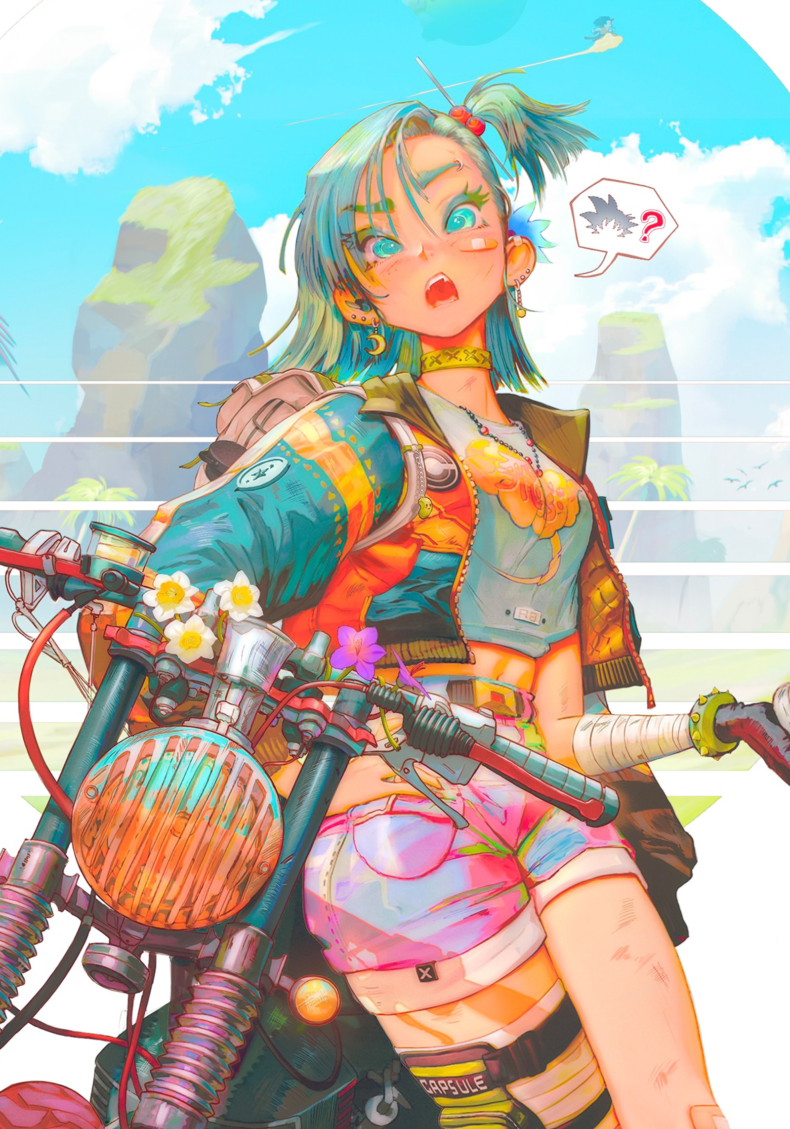 paul nong, bulma, dragon ball, dragon ball (classic), commentary, english commentary, highres, 1girl, ?, aqua eyes, aqua hair, aqua jacket, artist name, bag, bandaged arm, bandages, bandaid, bandaid on cheek, bandaid on face, bandaid on knee, bandaid on leg, belt, black gloves, blue sky, bracelet, breasts, brown bag, choker, colored eyelashes, cowboy shot, crescent, crescent earrings, cropped jacket, cropped shirt, ear piercing, earrings, gloves, hair between eyes, hair ornament, hair scrunchie, hand on own hip, high side ponytail, holding, jacket, jewelry, looking at viewer, medium breasts, medium hair, midriff, motor vehicle, motorcycle, necklace, on motorcycle, open clothes, open jacket, open mouth, orange thighhighs, outdoors, piercing, pink shorts, print shirt, red scrunchie, scrunchie, shirt, shorts, signature, single glove, single thighhigh, sitting, sky, solo, speech bubble, spiked bracelet, spikes, teeth, thigh strap, thighhighs, white background, white shirt, yellow choker